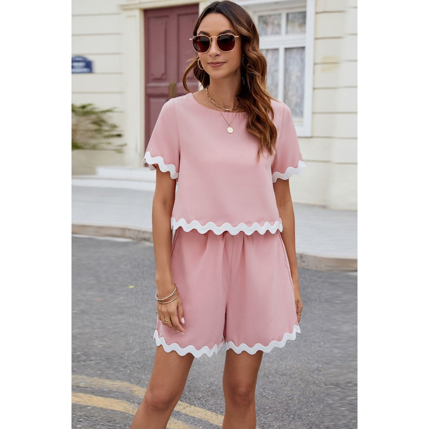 Contrast Trim Round Neck Top and Shorts Set