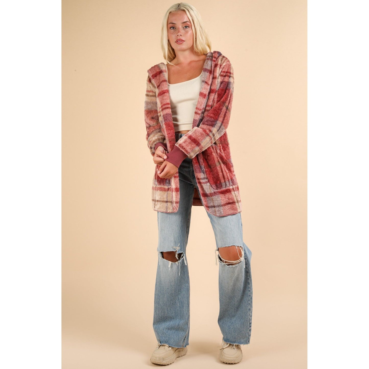 VERY J Fuzzy Plaid Long Sleeve Hooded Jacket