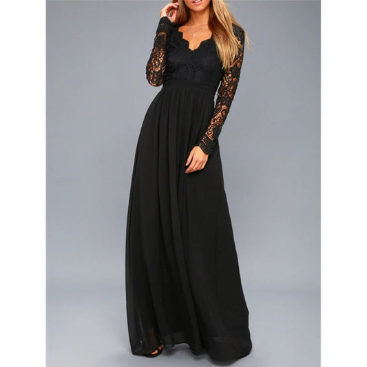 Lace Detail Backless Long Sleeve Maxi Dress