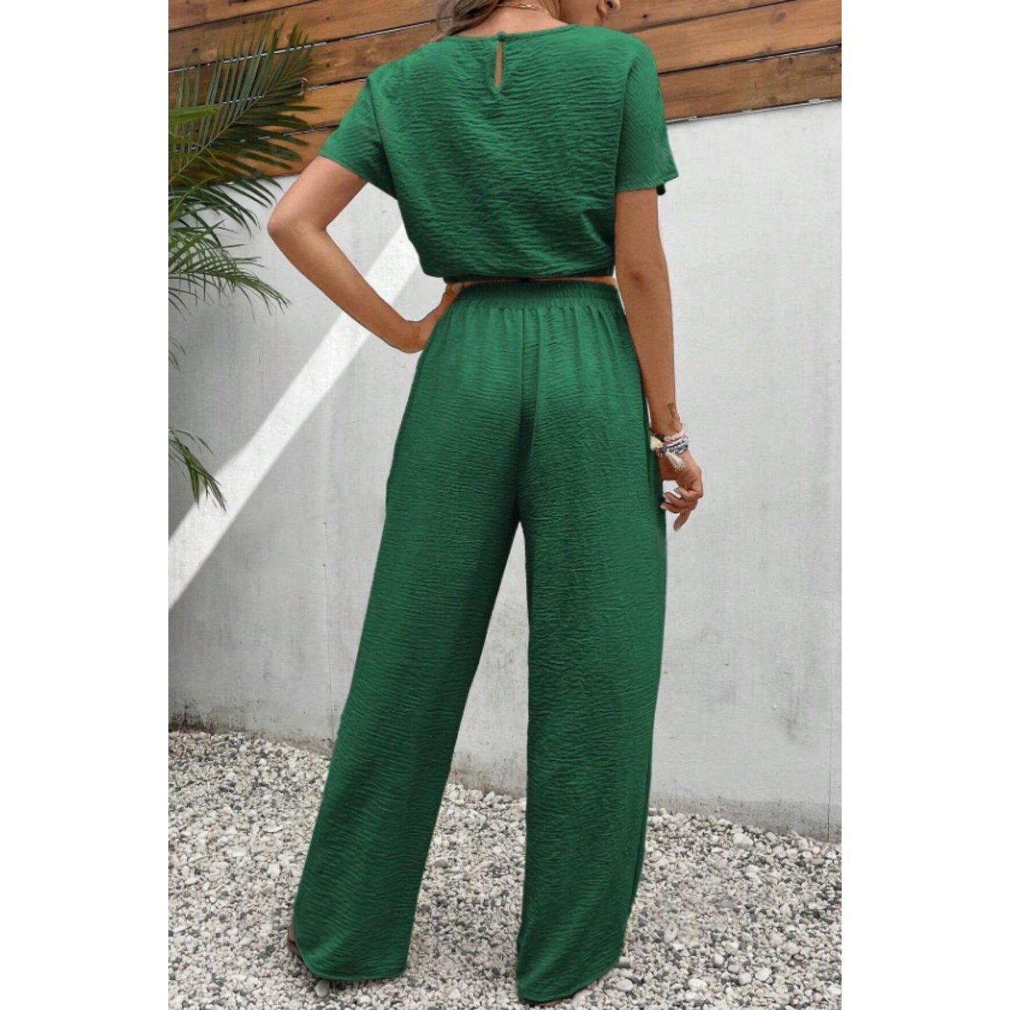 Round Neck Short Sleeve Top and Pants Set