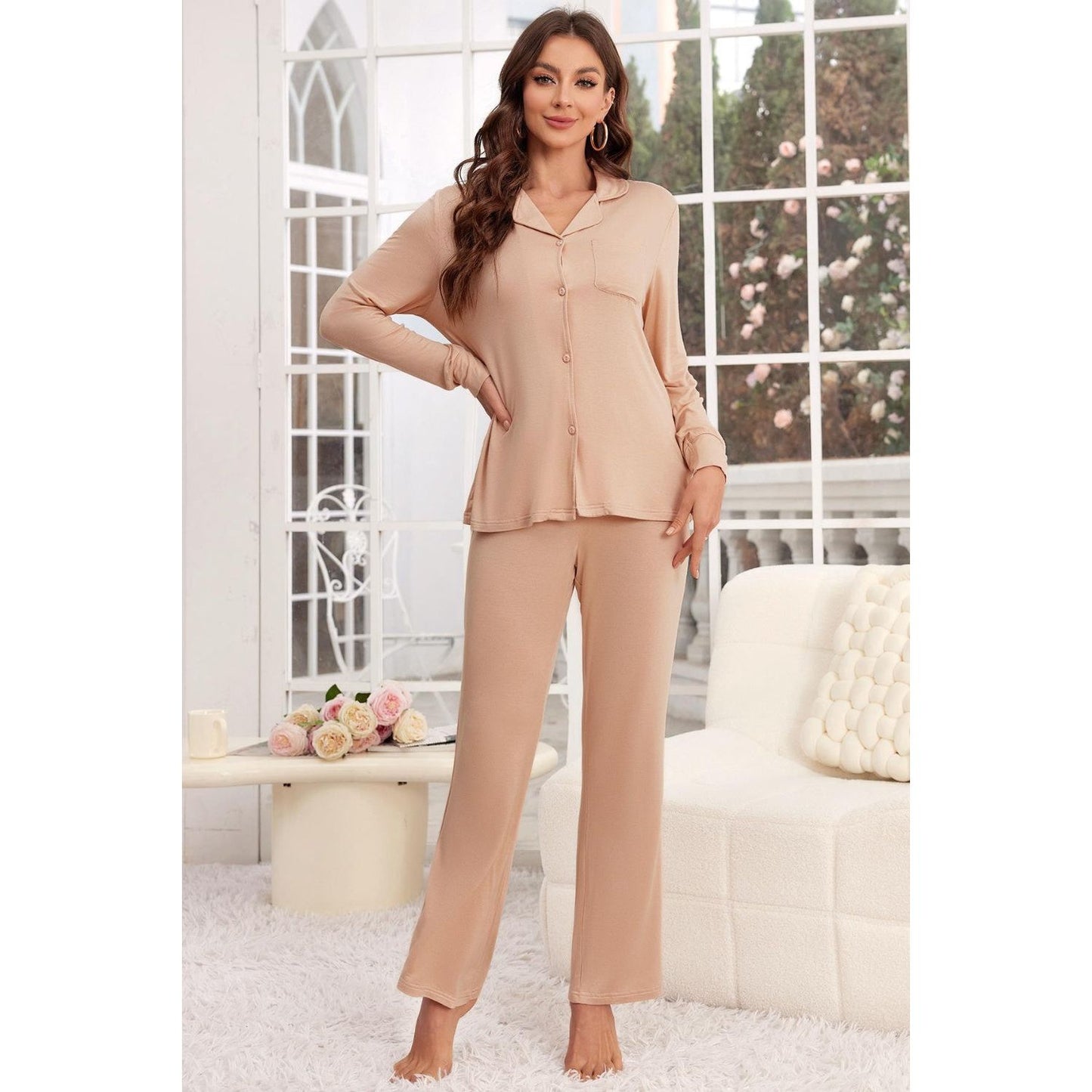 Button Up Long Sleeve Top and Pants Lounge Set