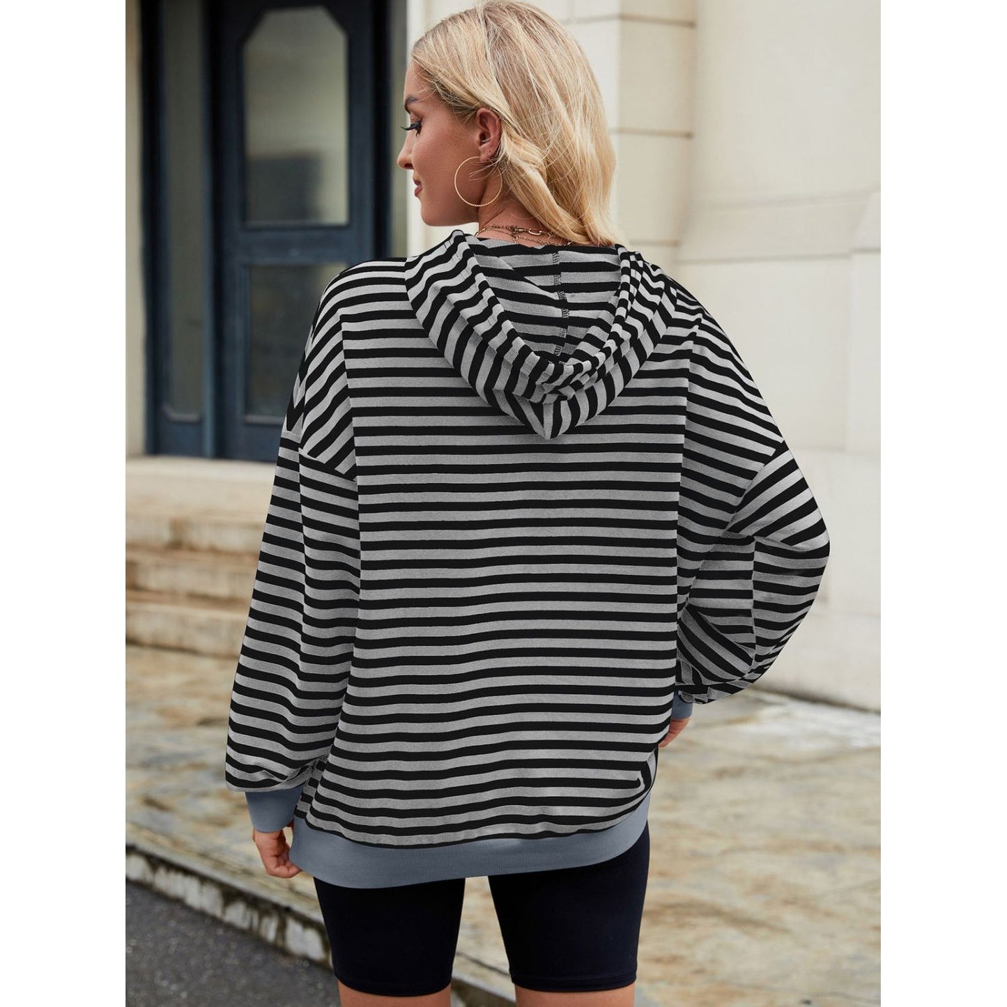 Drawstring Contrast Striped Long Sleeve Hoodie