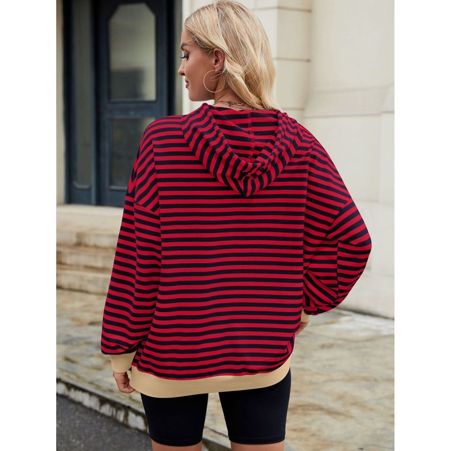 Drawstring Contrast Striped Long Sleeve Hoodie