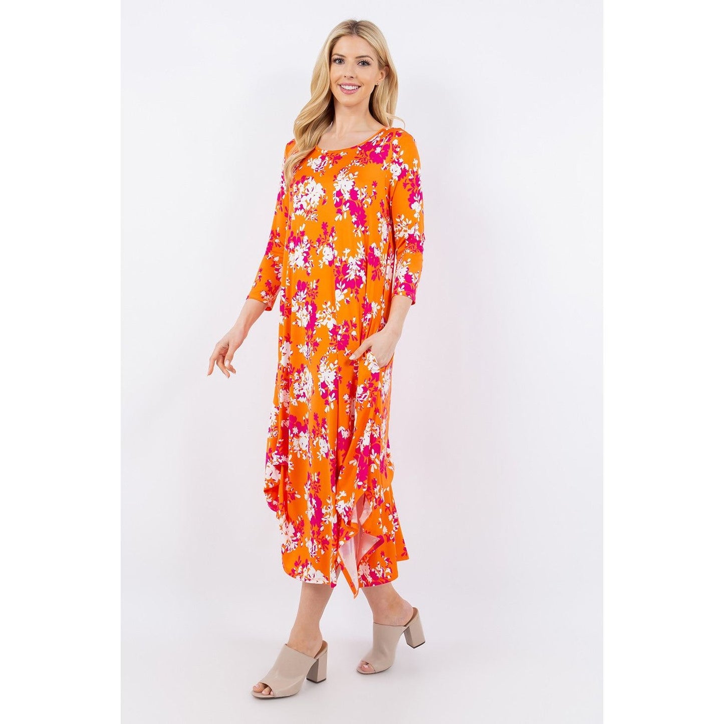 Celeste Full Size Pick-Up Hem Asymmetric Floral Midi Dress