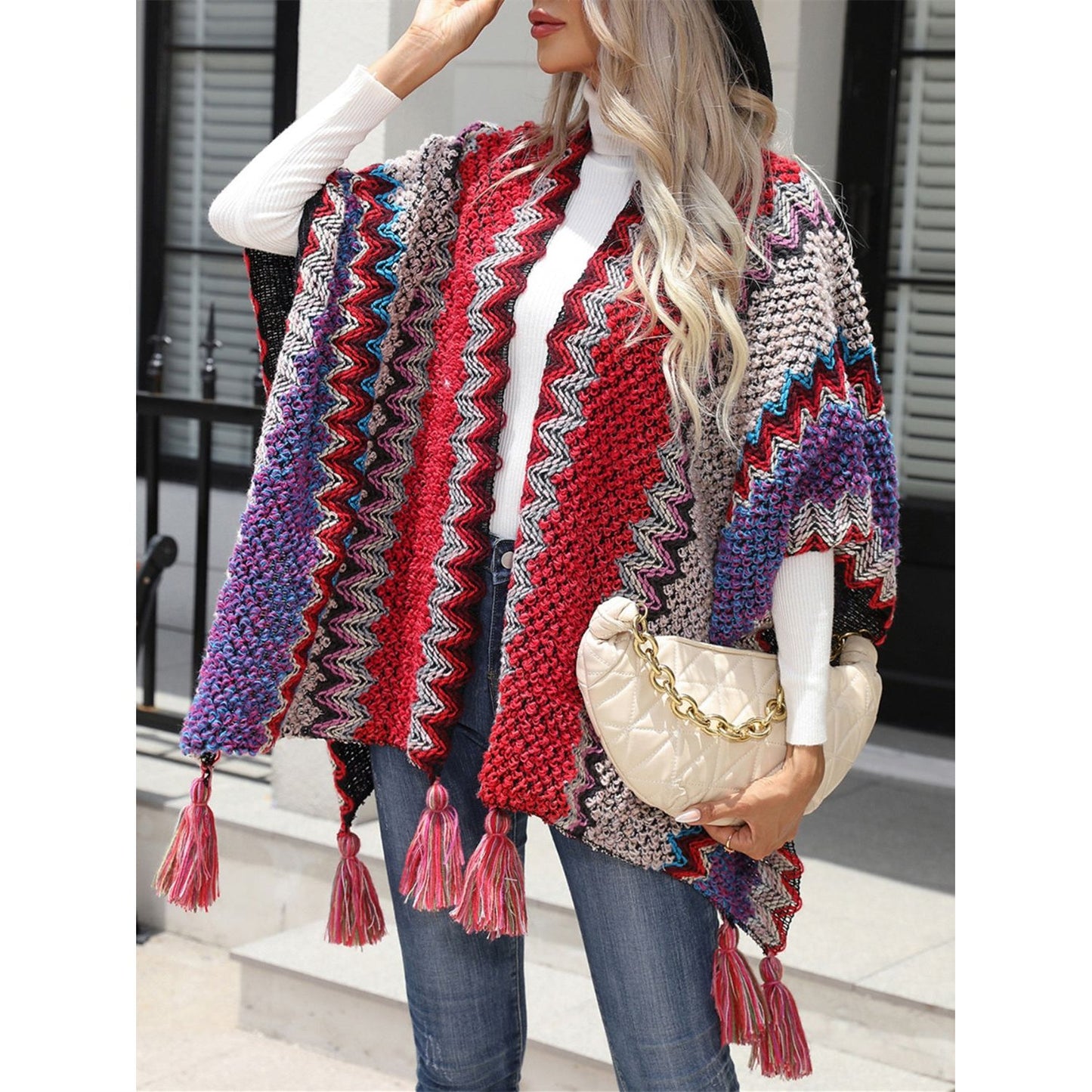 Striped Open Front Poncho with Tassels