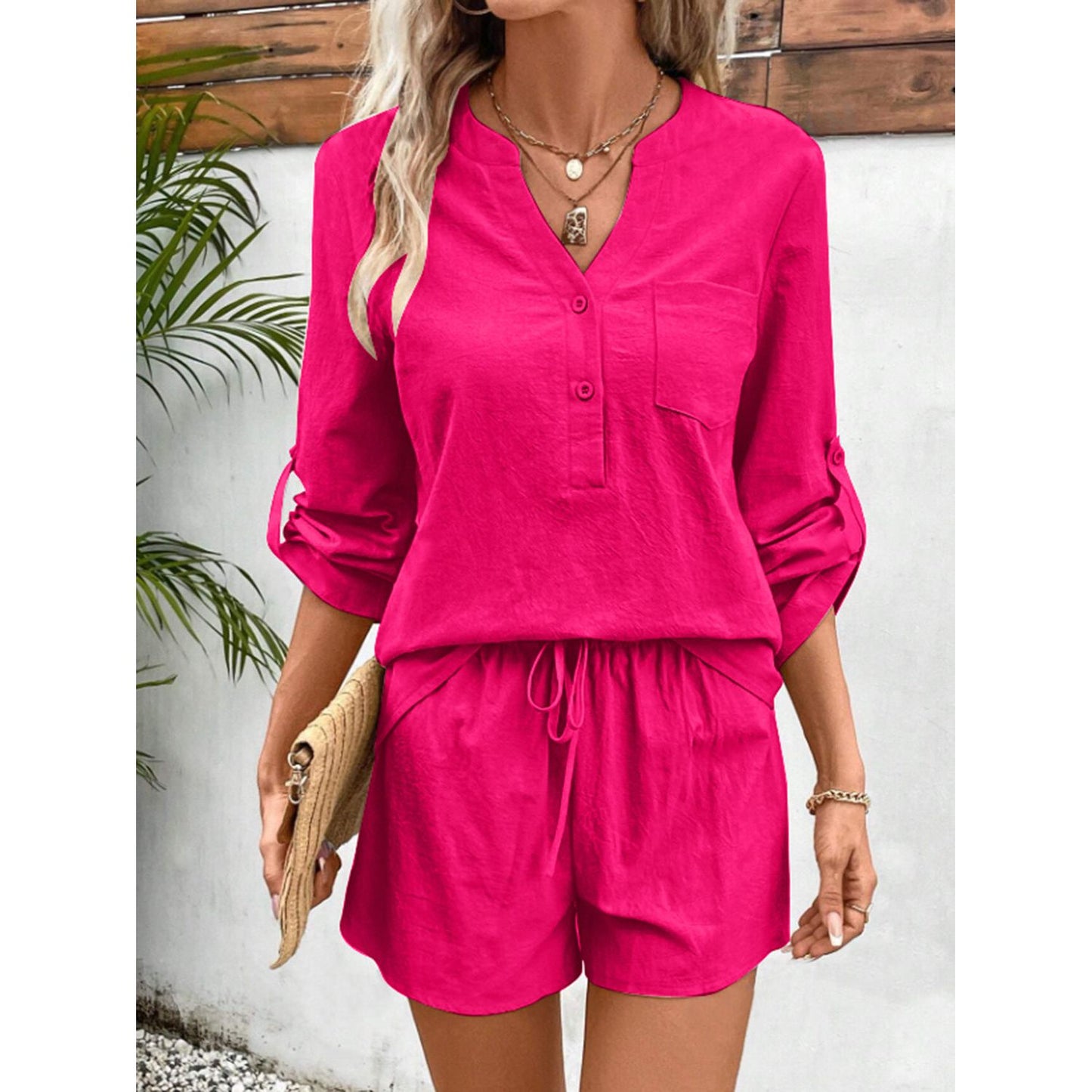 Notched Long Sleeve Top and Shorts Set