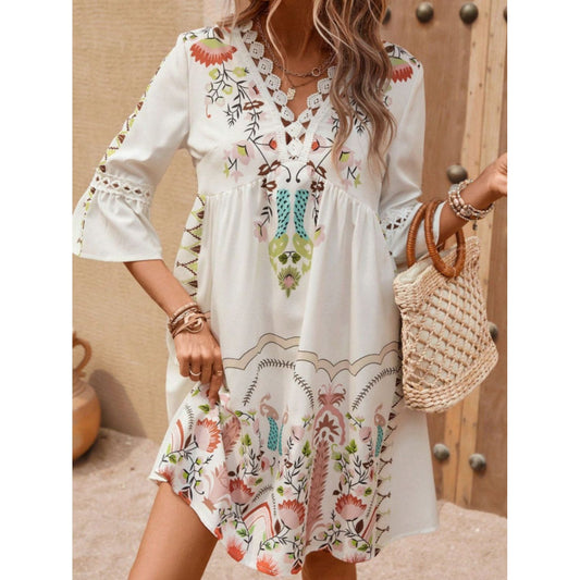 Lace Detail Printed Three-Quarter Sleeve Dress