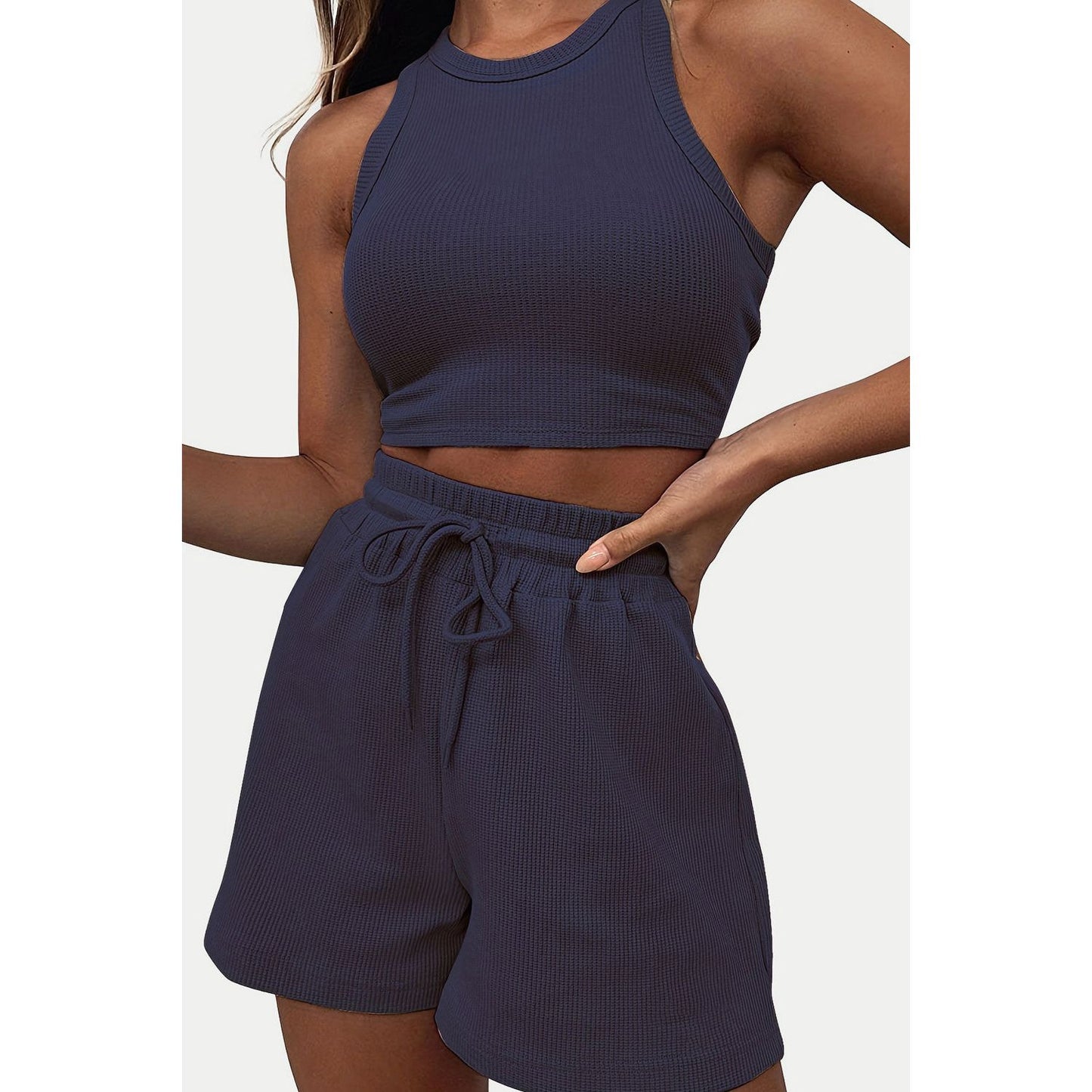 Round Neck Top and Drawstring Shorts Set