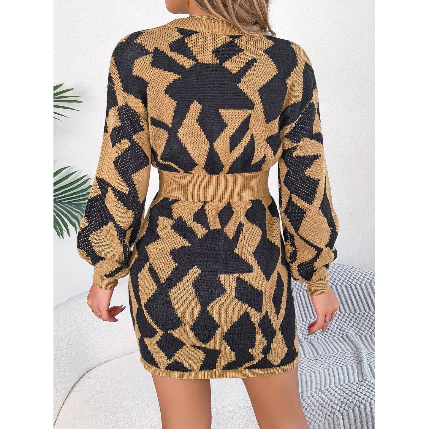 Contrast Round Neck Cutout Long Sleeve Mini Sweater Dress