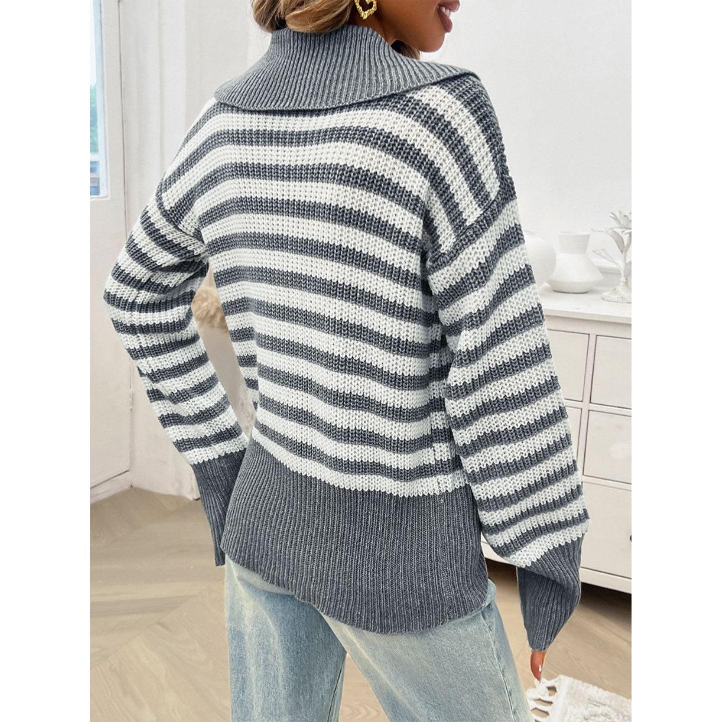 Devine Striped Collared Neck Long Sleeve Sweater