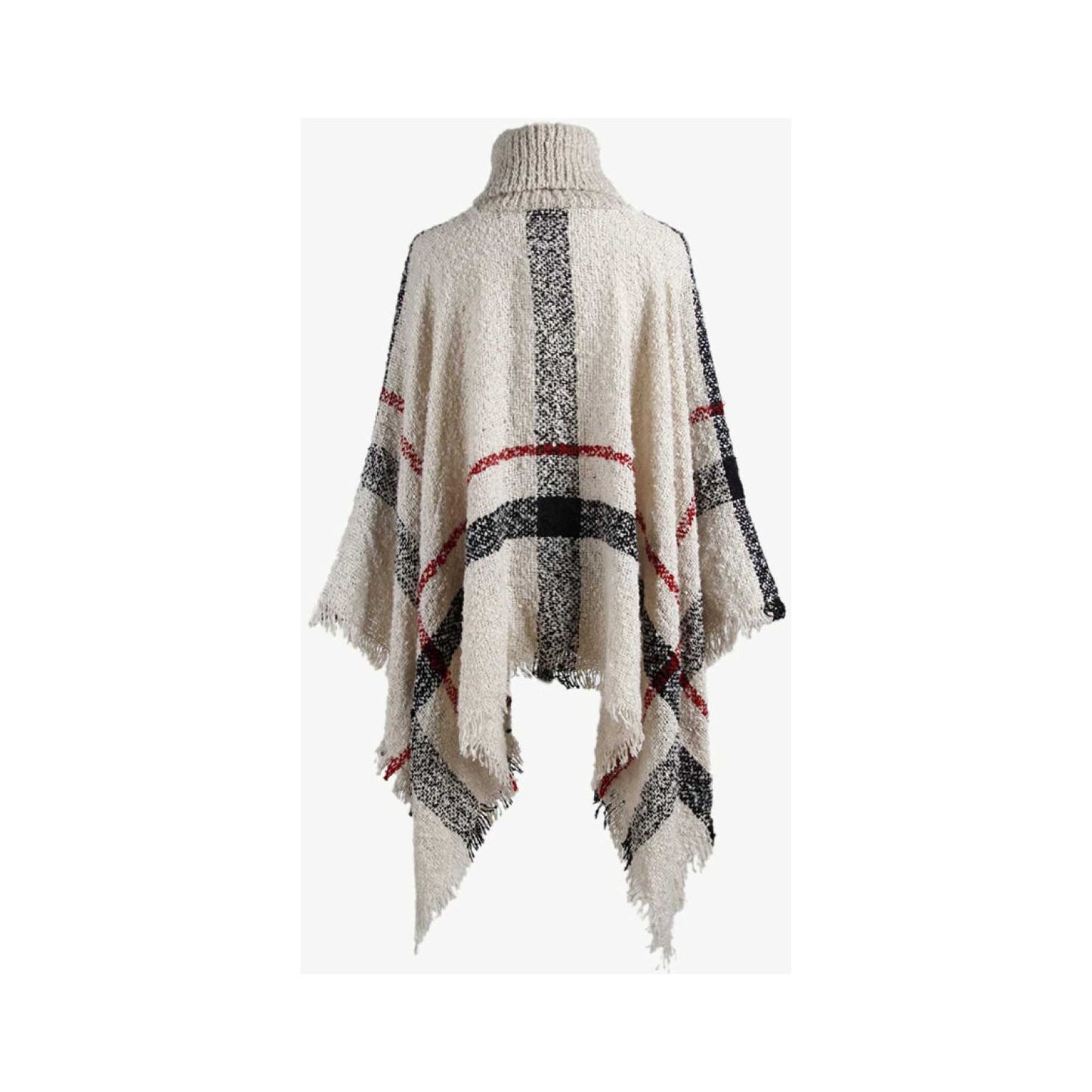 Plaid Turtleneck Raw Hem Poncho