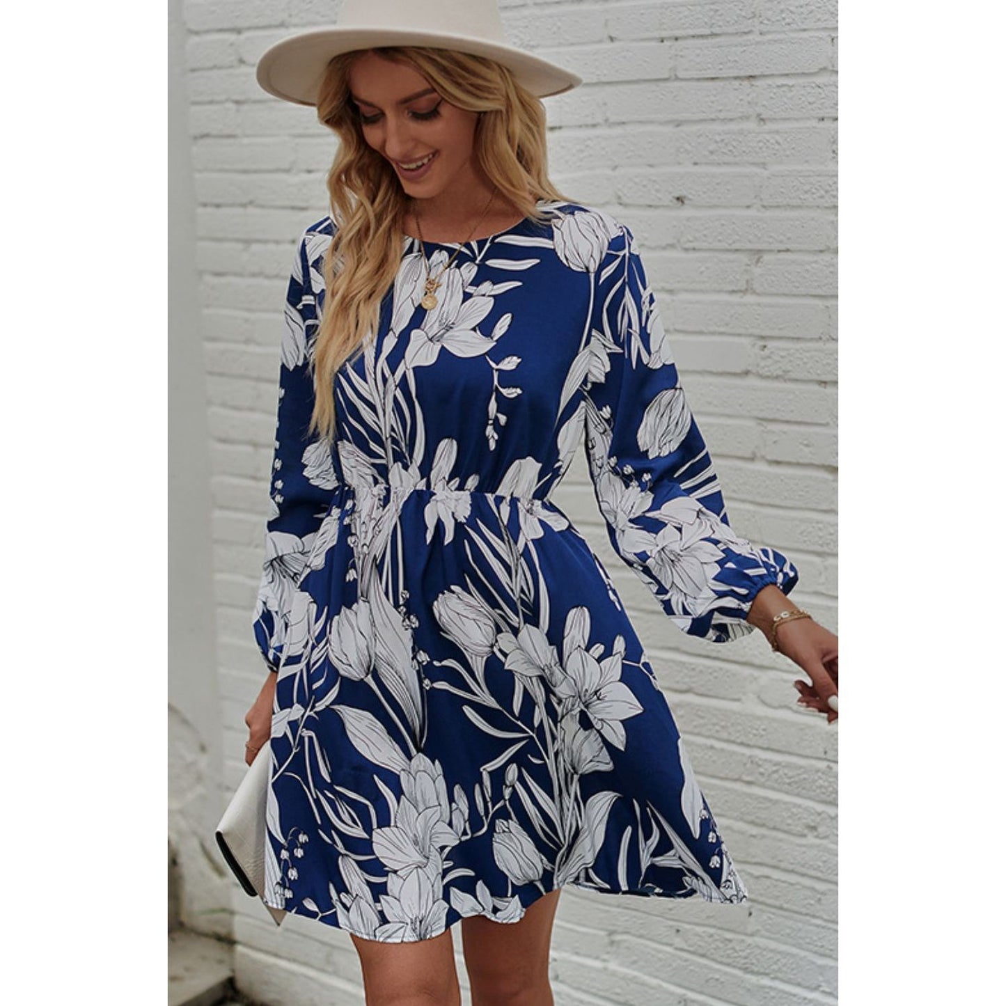 Honey Floral Round Neck Balloon Sleeve Mini Dress