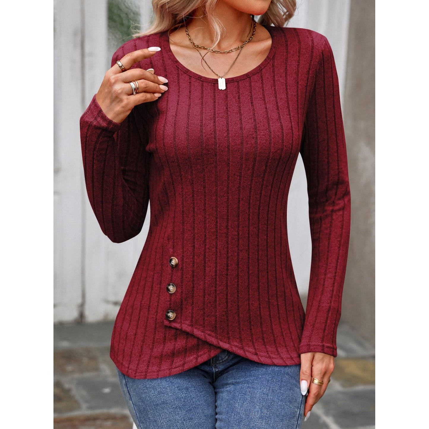 Decorative Button Round Neck Long Sleeve T-Shirt