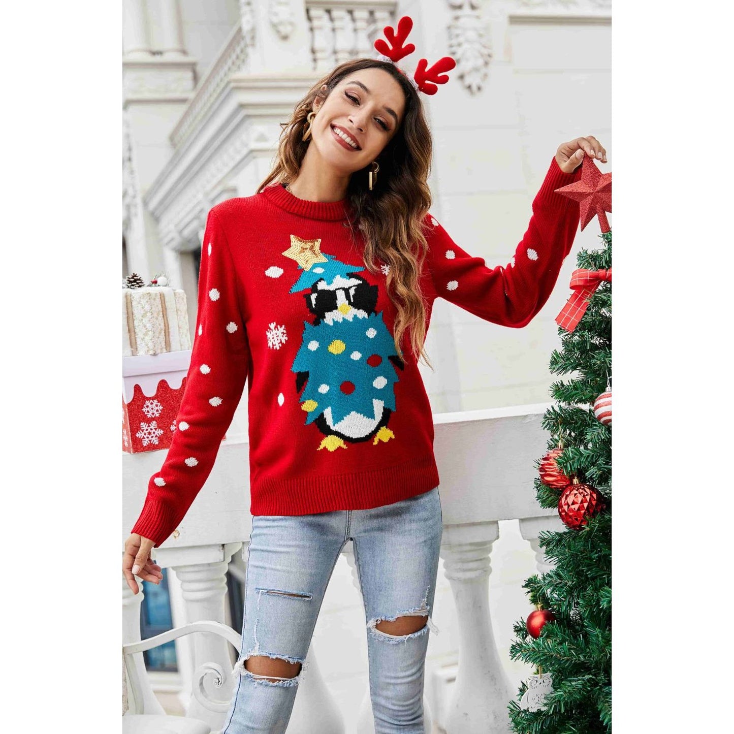 Christmas Penguin Graphic Sequin Sweater