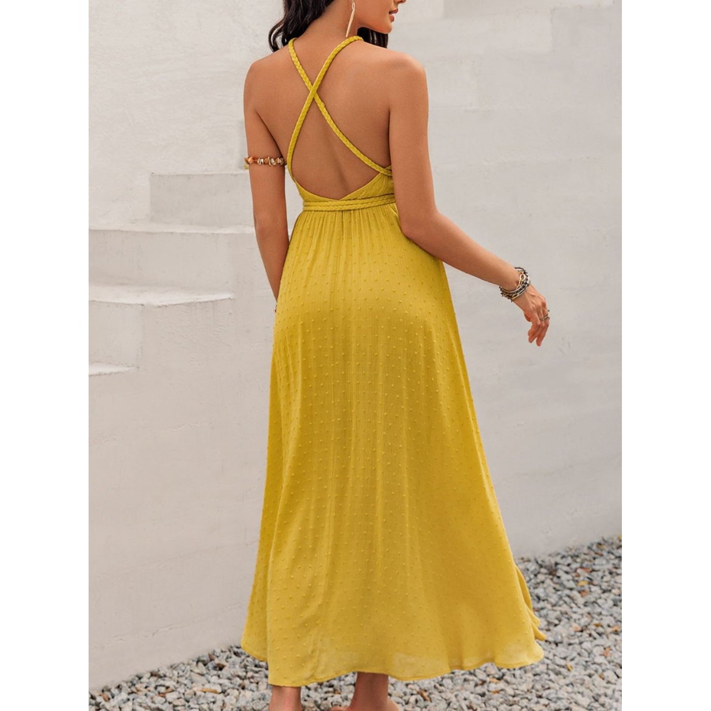 Swiss Dot Backless Sleeveless Maxi Dress