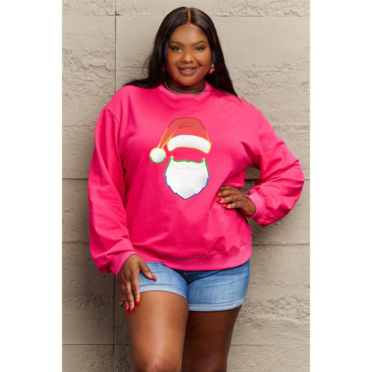 Simply Love Full Size Rainbow Santa Graphic Round Neck Sweatshirt