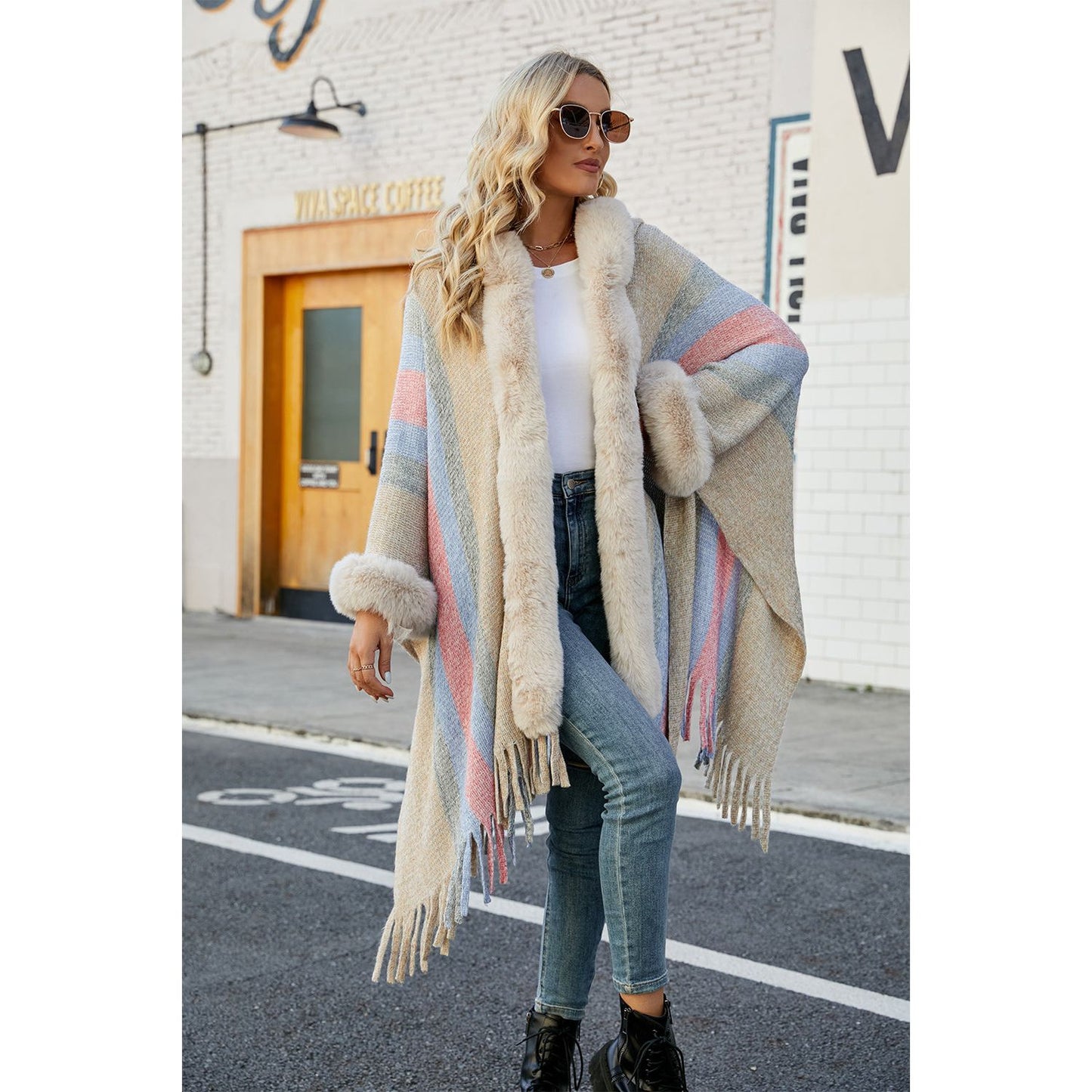 Color Block Fringe Detail Poncho