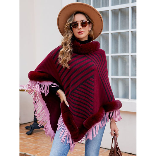 Striped Fringe Hem Poncho