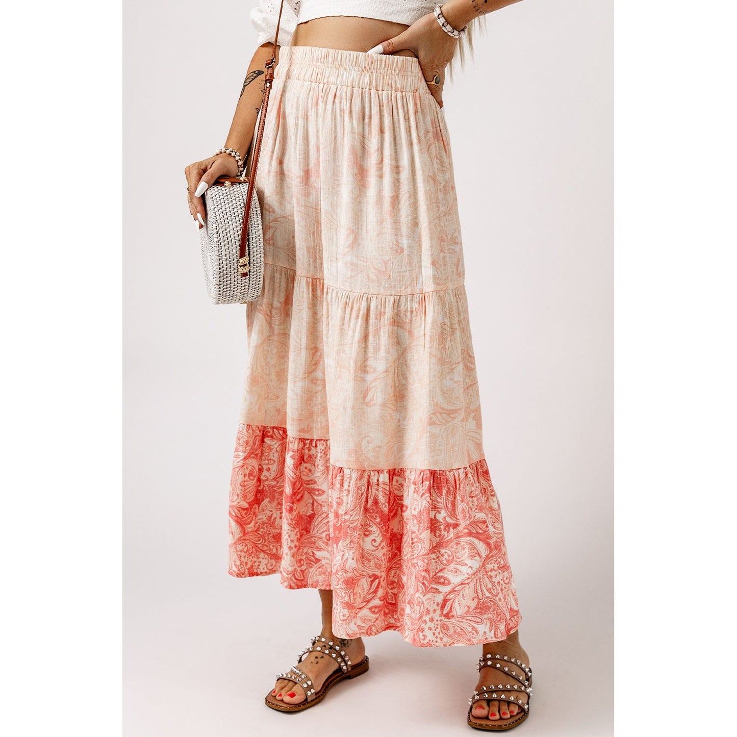 Floral Color Block Tiered Skirt