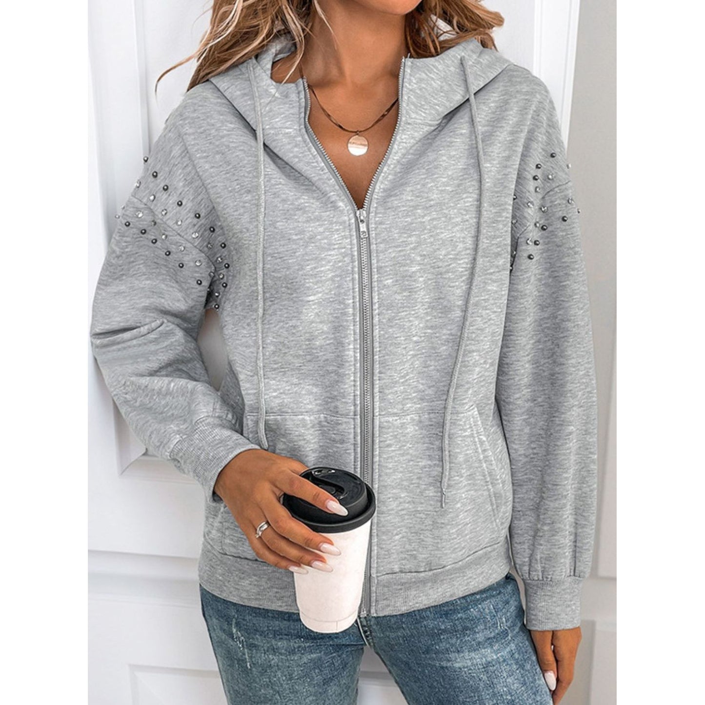 Perfee Rhinestone Zip Up Long Sleeve Hoodie