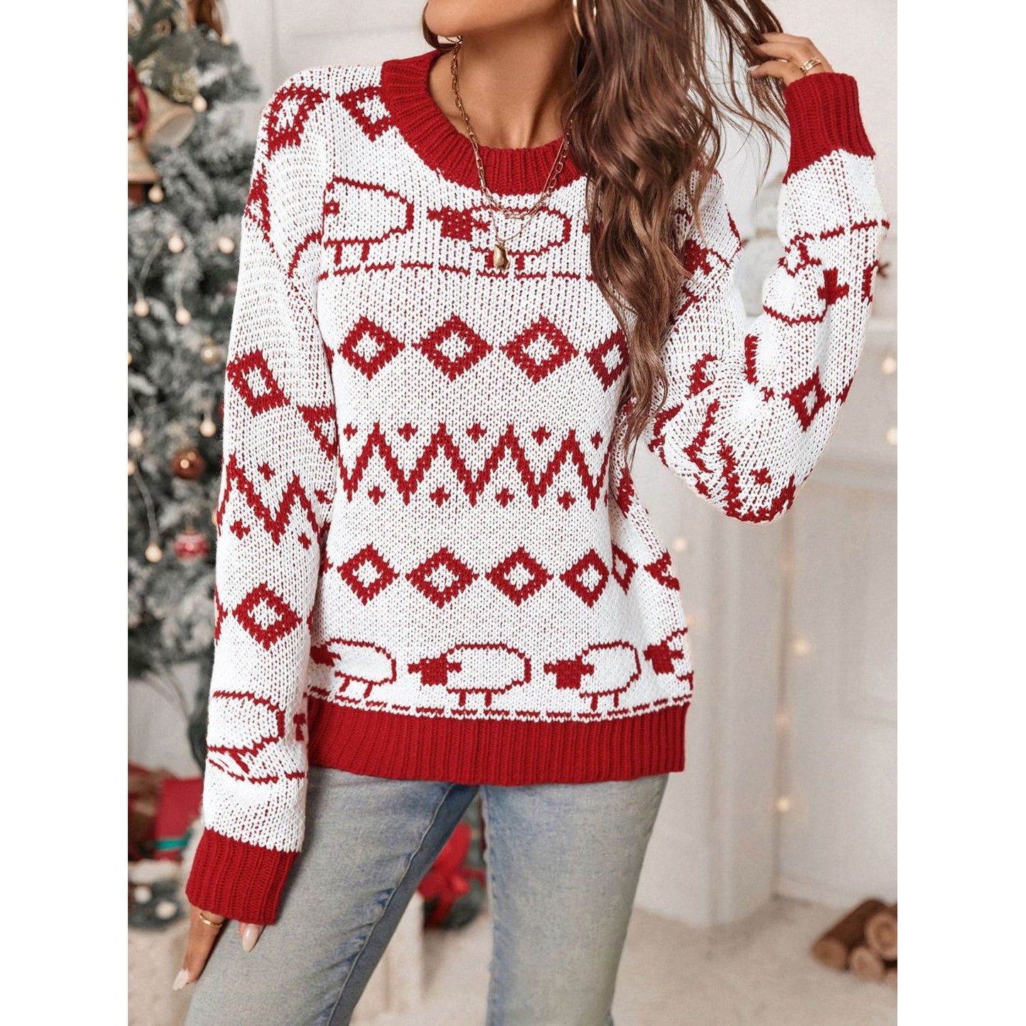 Perfee Contrast Geometric Round Neck Long Sleeve Sweater