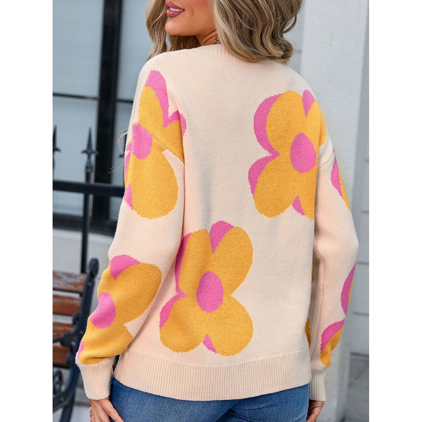 Angel Wings Flower Round Neck Long Sleeve Sweater