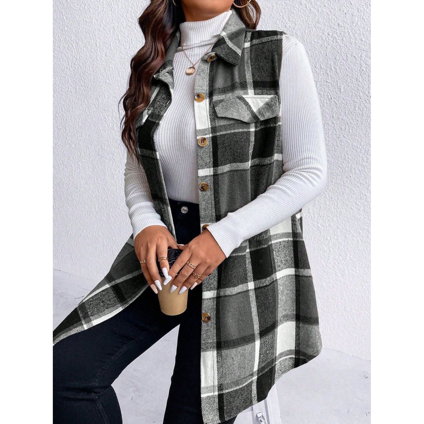 Honey Plus Size Pocketed Plaid Button Up Vest Coat