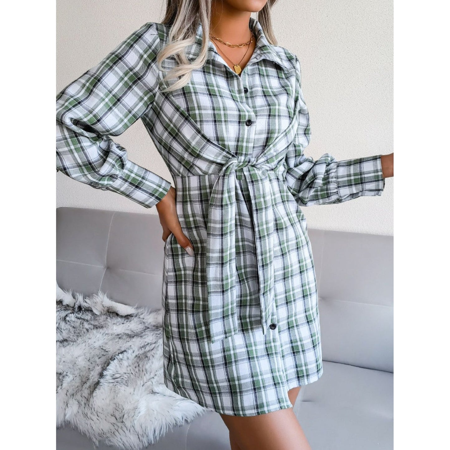 Tied Plaid Long Sleeve Mini Shirt Dress