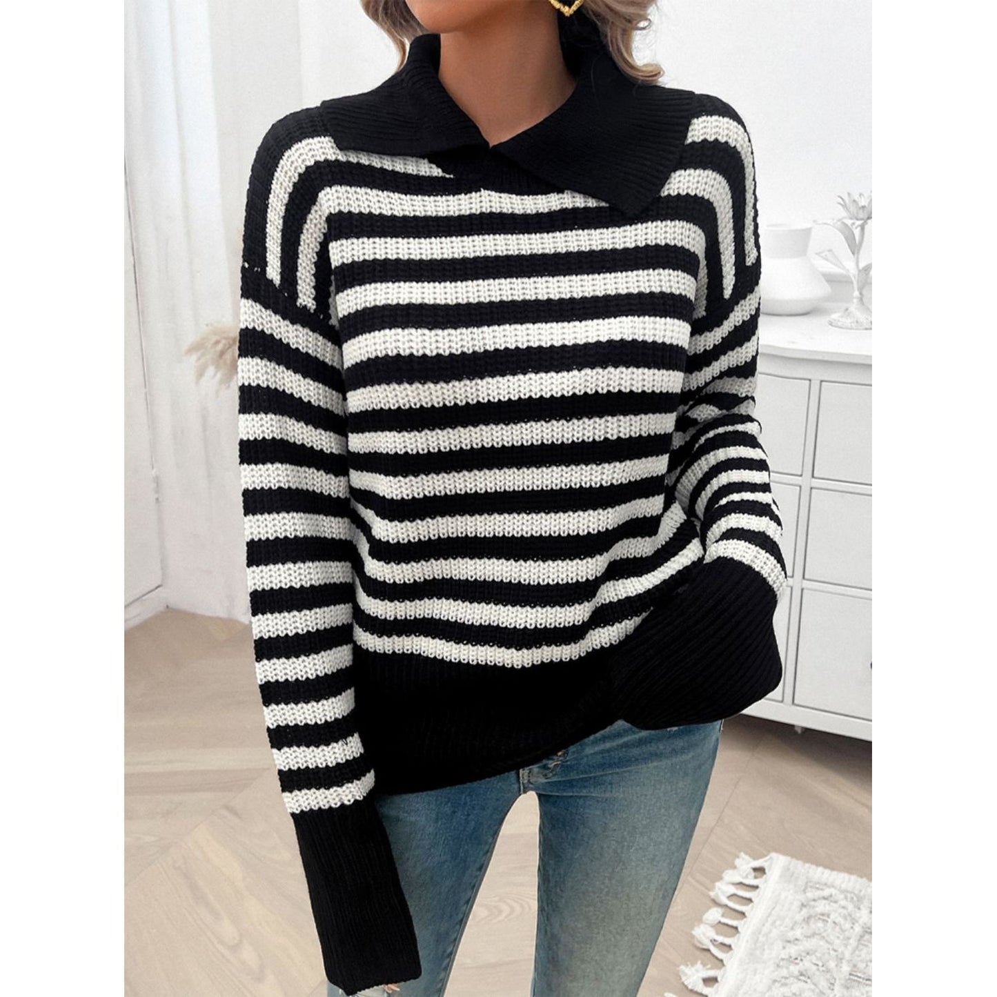 Devine Striped Collared Neck Long Sleeve Sweater