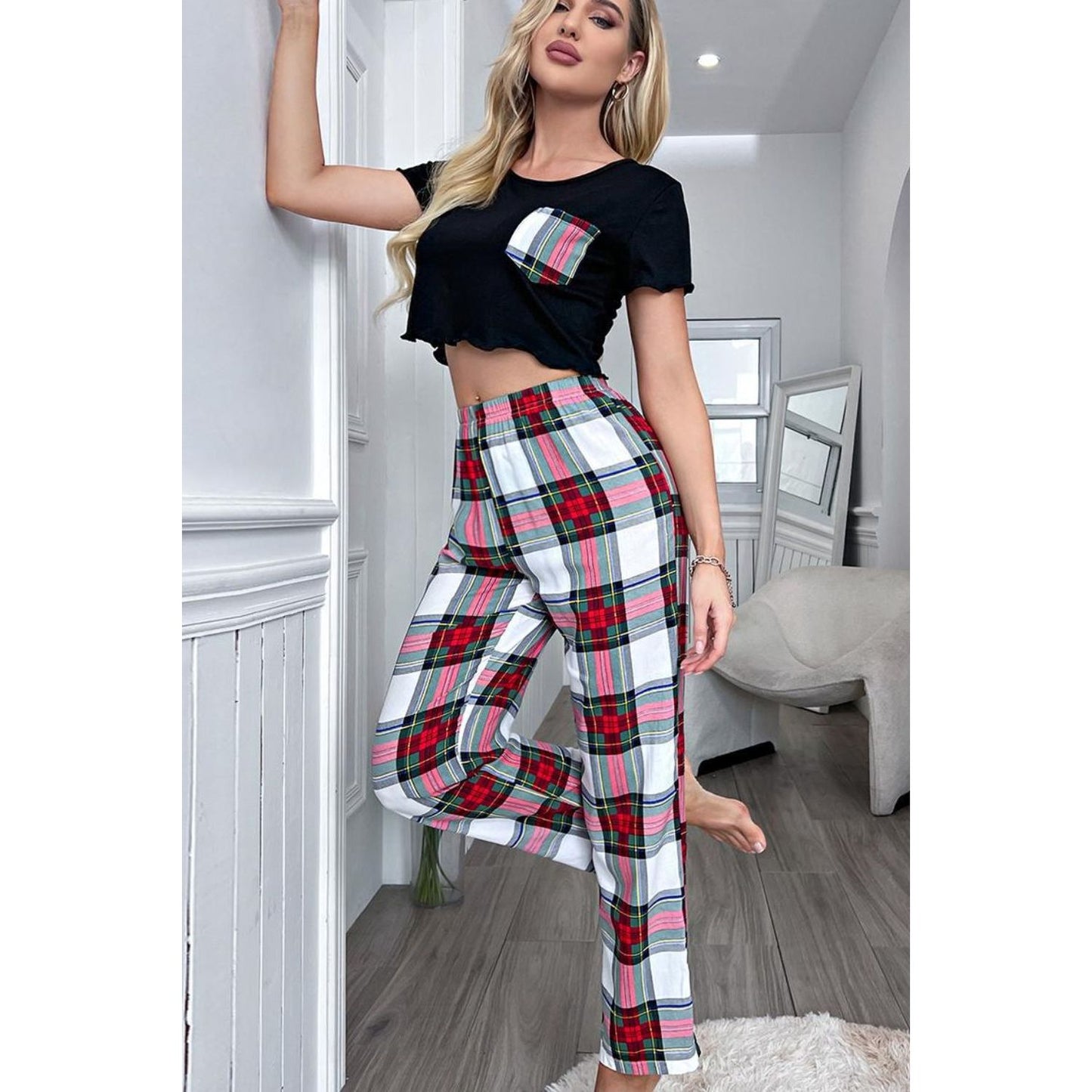 Lettuce Trim Cropped T-Shirt and Plaid Pants Lounge Set