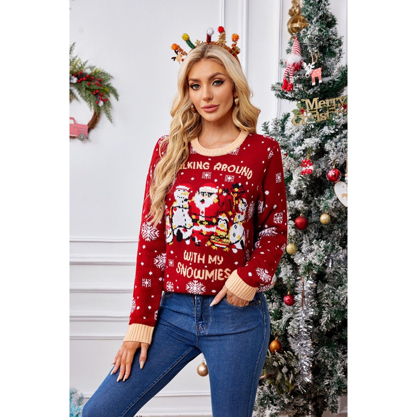 Christmas Pattern Round Neck Long Sleeve Sweater