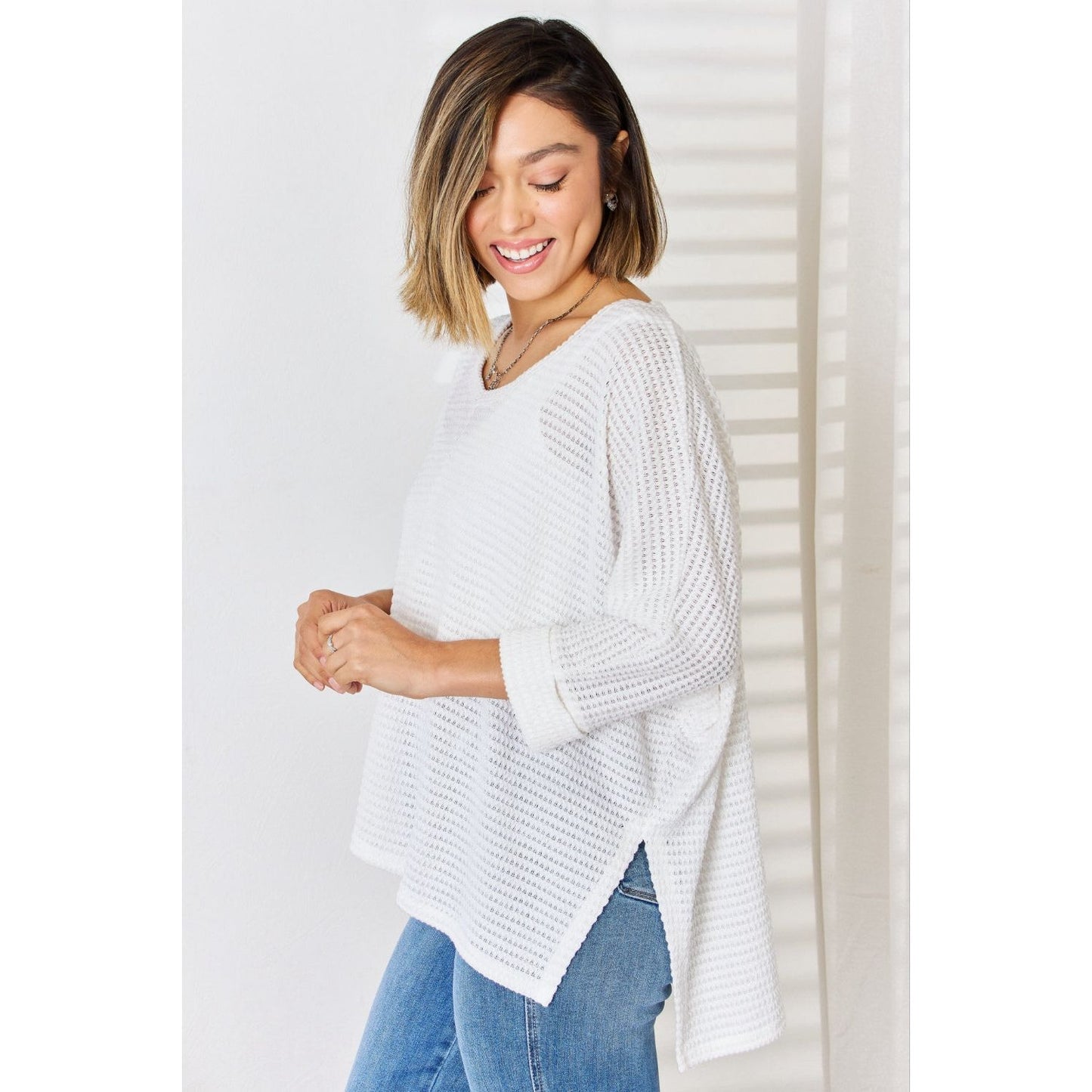 Zenana Full Size Waffle Knit V-Neck Long Sleeve Slit Top