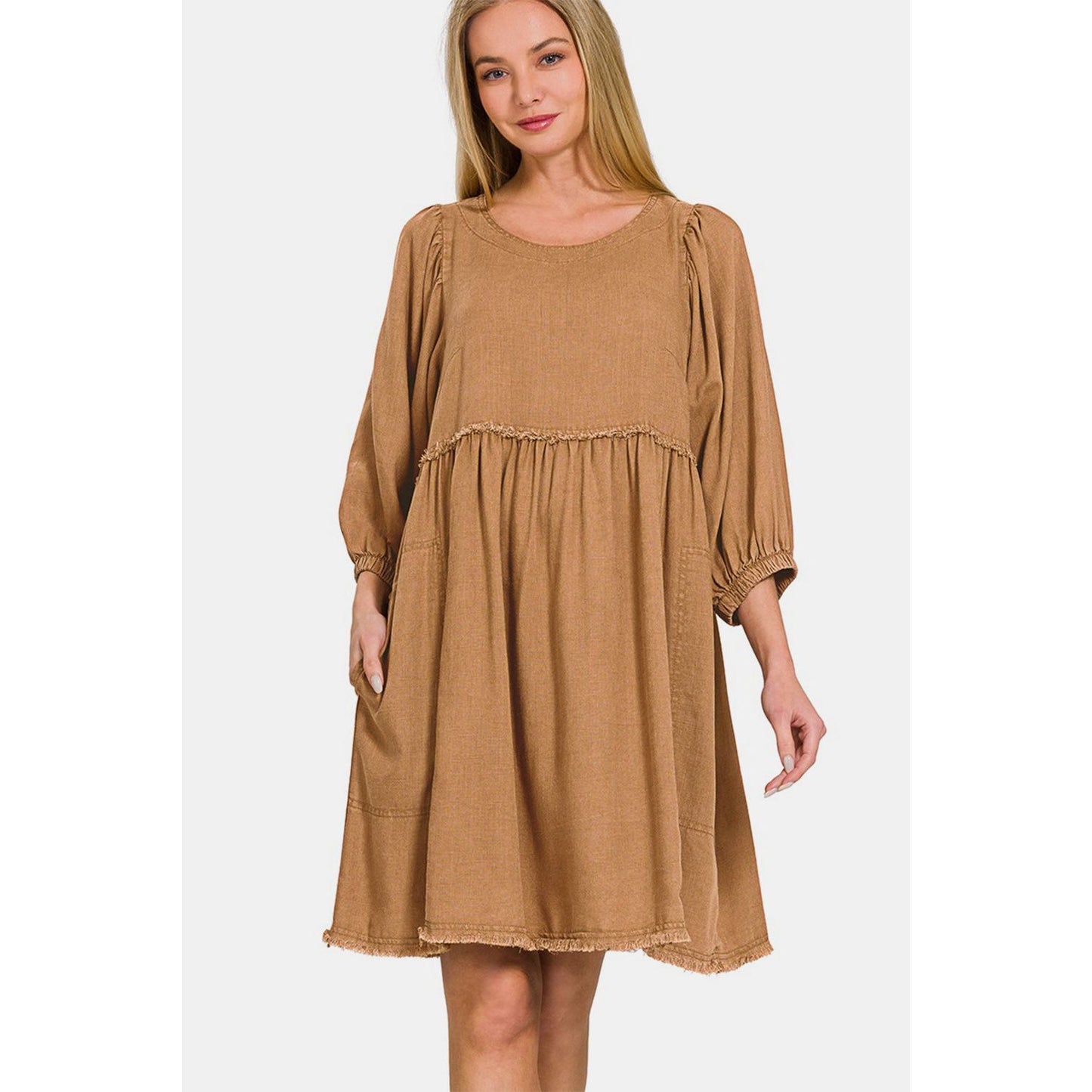 Zenana Washed Linen Pleated Puff Sleeve Babydoll Dress