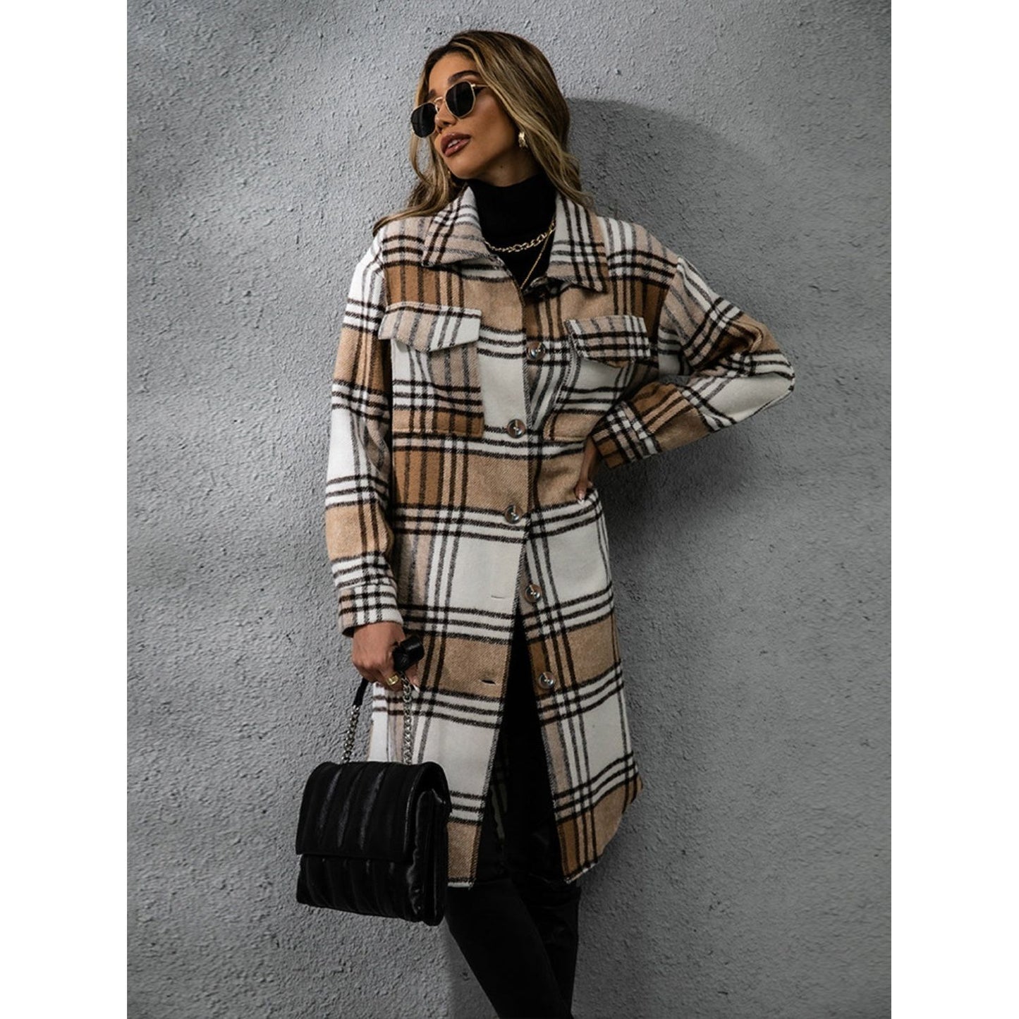 Plaid Collared Neck Long Sleeve Coat