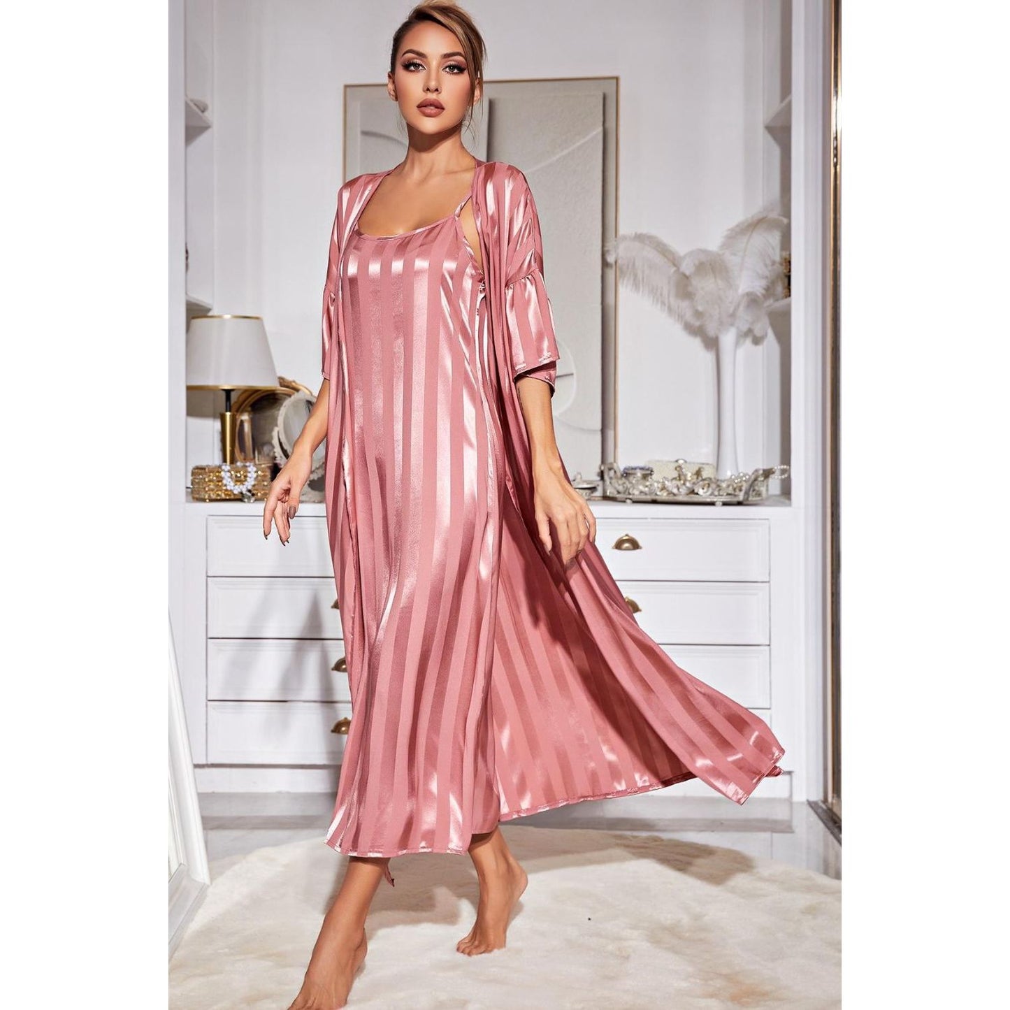 Striped Flounce Sleeve Open Front Robe and Cami Dress Set