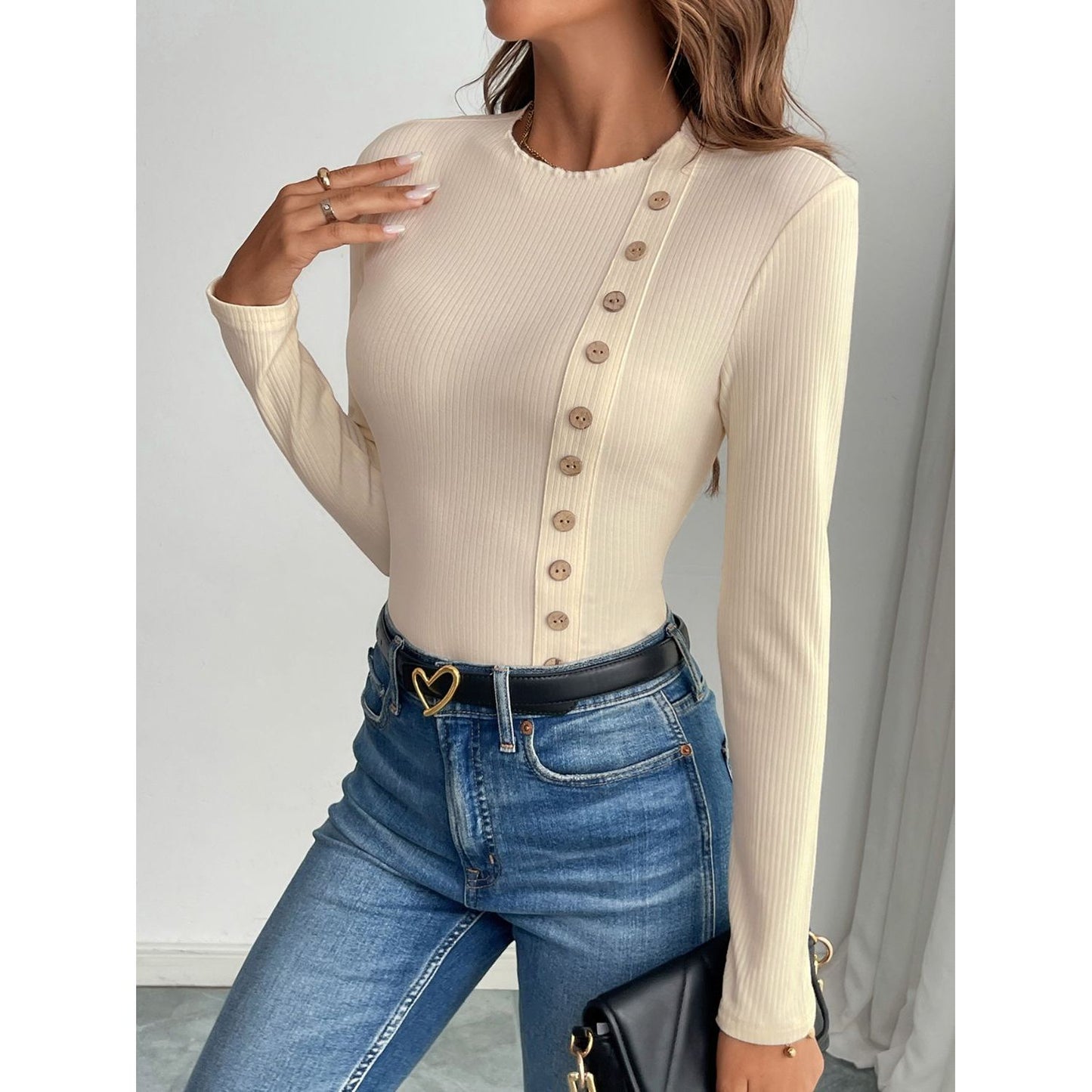 Perfee Decorative Button Round Neck Long Sleeve Bodysuit