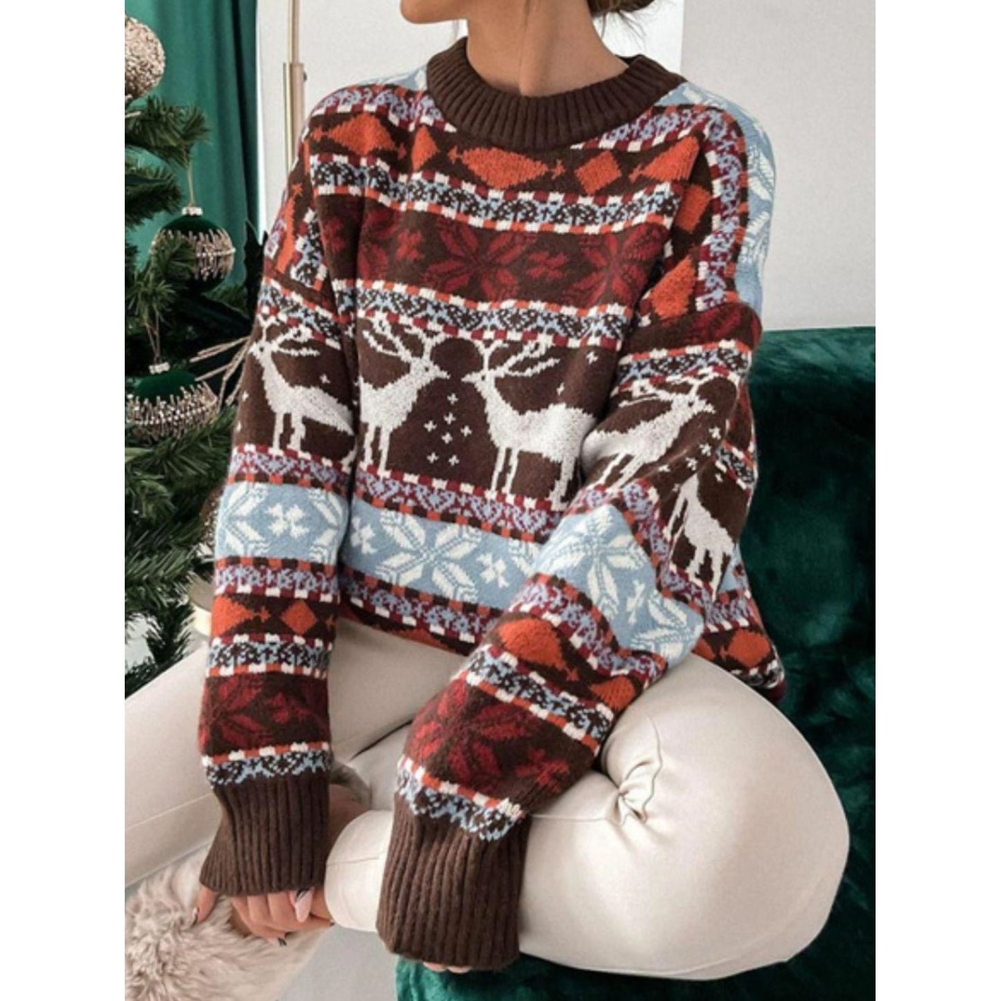 Geometric Round Neck Dropped Shoulder Sweater