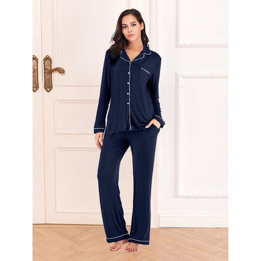 Collared Neck Long Sleeve Loungewear Set with Pockets