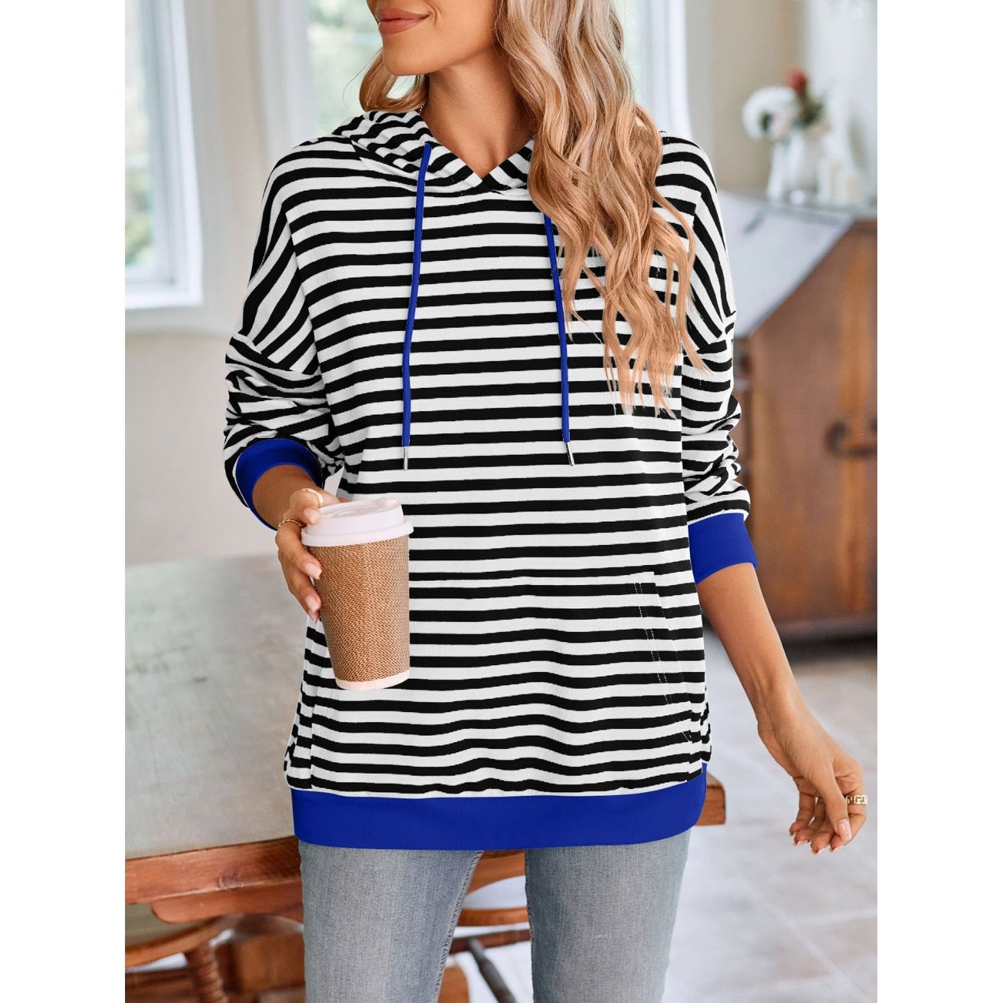 Lovelet Drawstring Striped Long Sleeve Hoodie