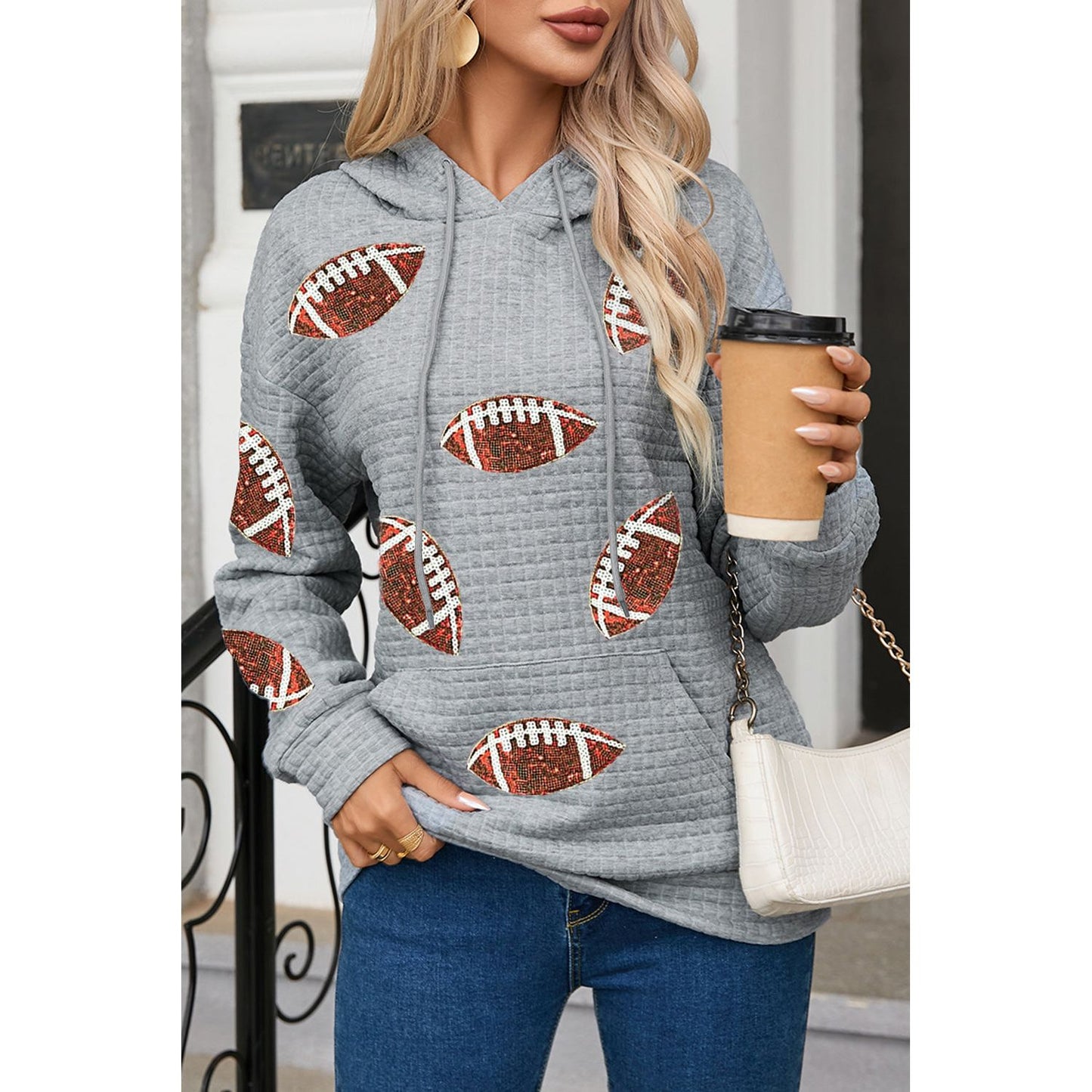 Drawstring Football Long Sleeve Hoodie