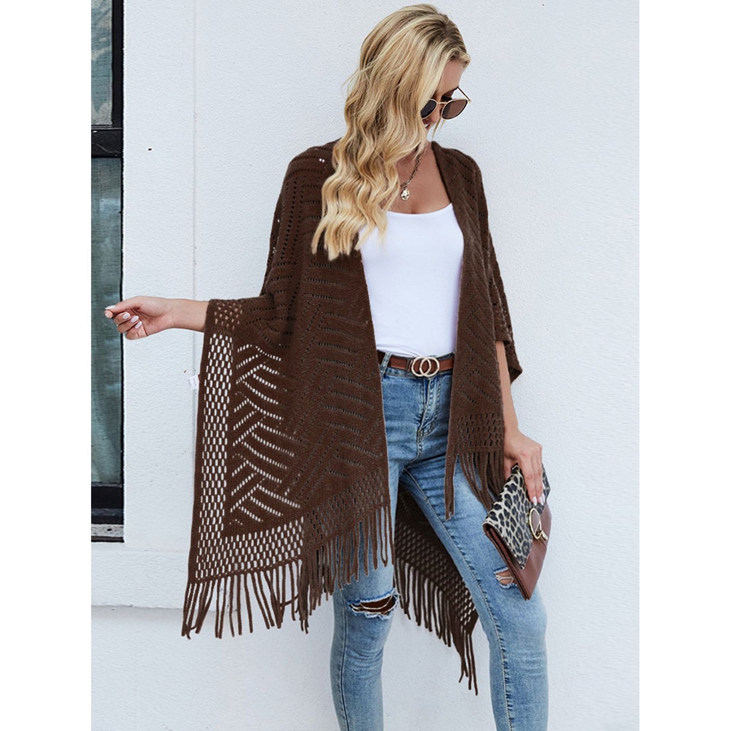 Shiny Fringe Hem Open Front Poncho