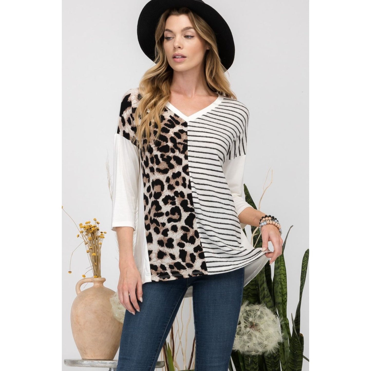 Celeste Full Size Front Leopard and Striped Print V-Neck T-Shirt