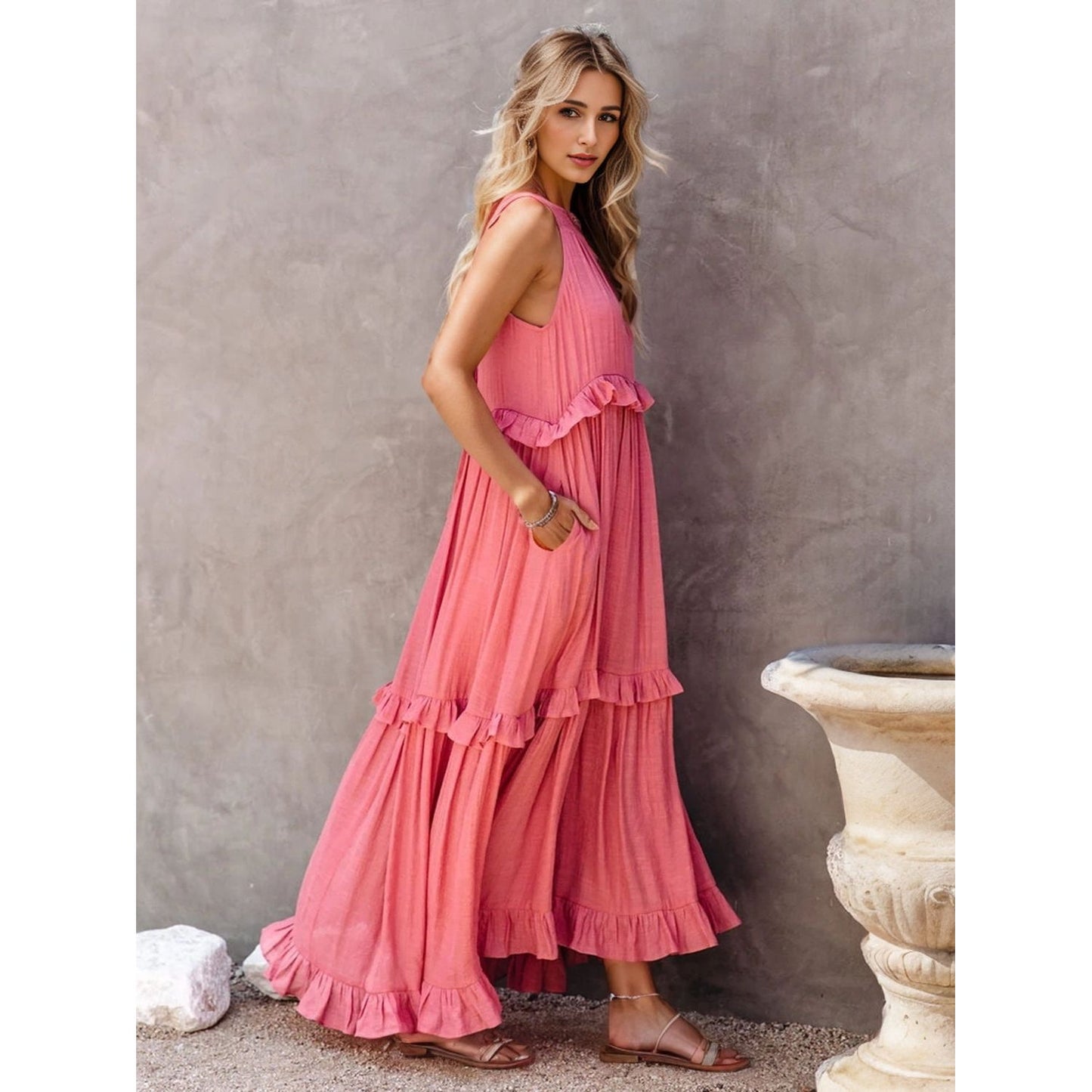 Ruffled Sleeveless Tiered Maxi Dress with Pockets