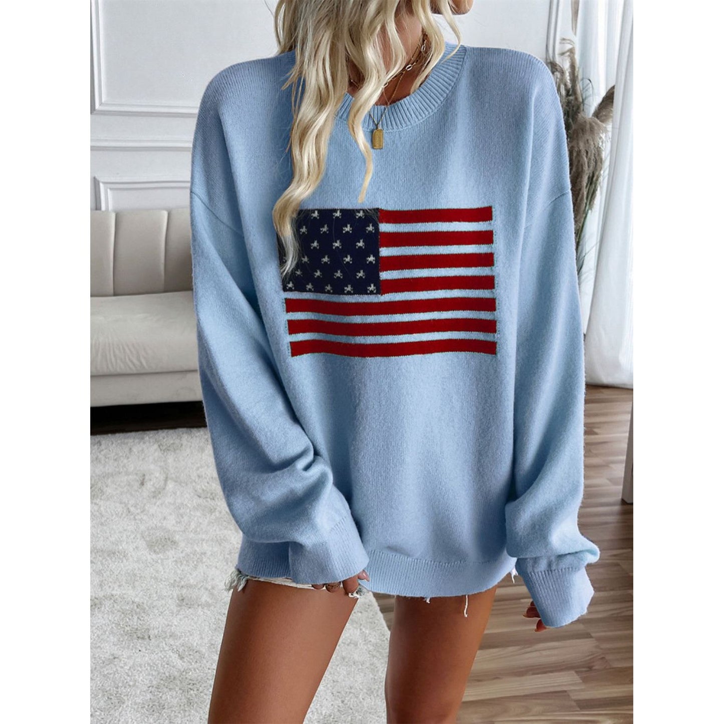 Devine US Flag Round Neck Long Sleeve Knit Top