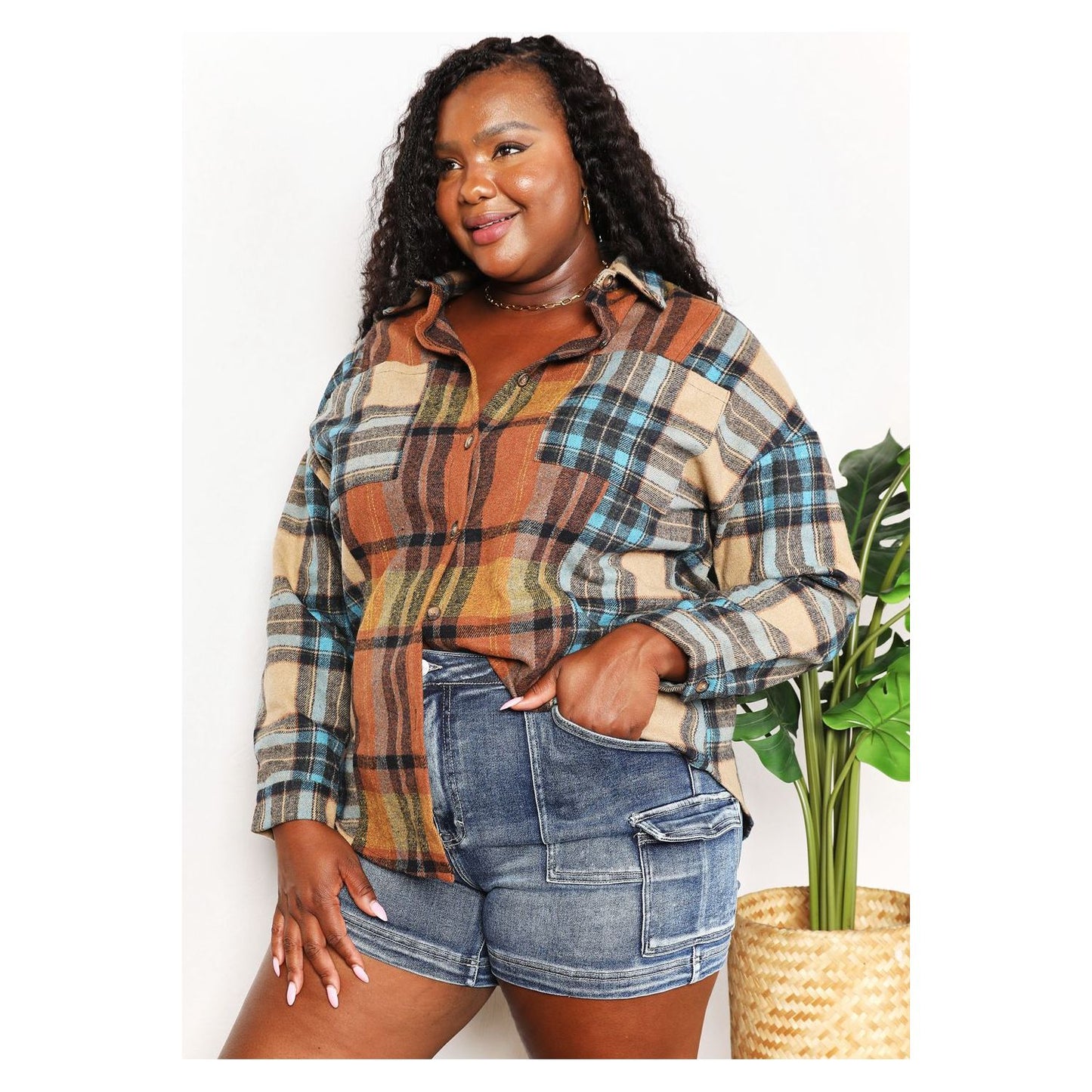 Double Take Plaid Curved Hem Shirt Jacket with Breast Pockets