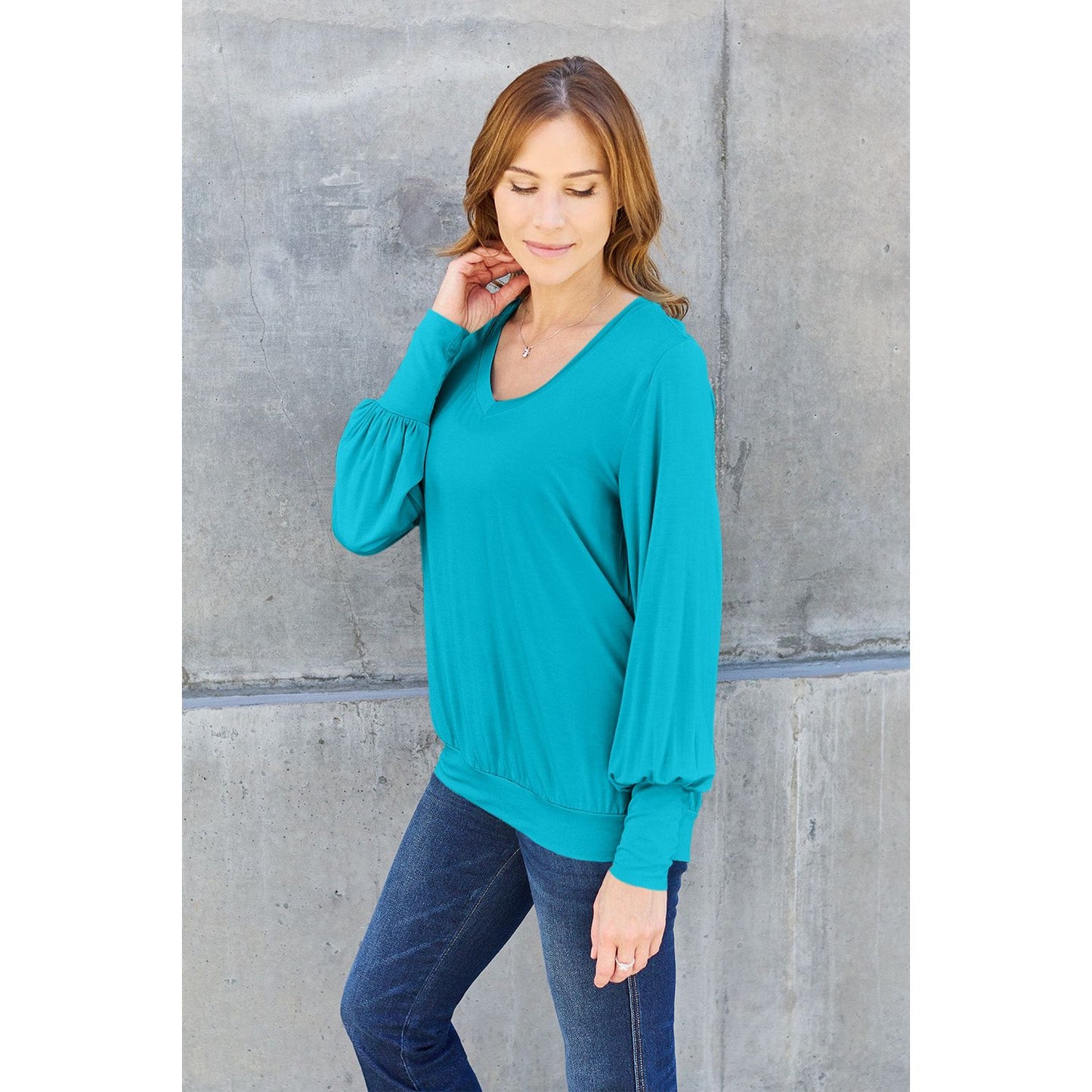 Basic Bae Full Size V-Neck Lantern Sleeve Top