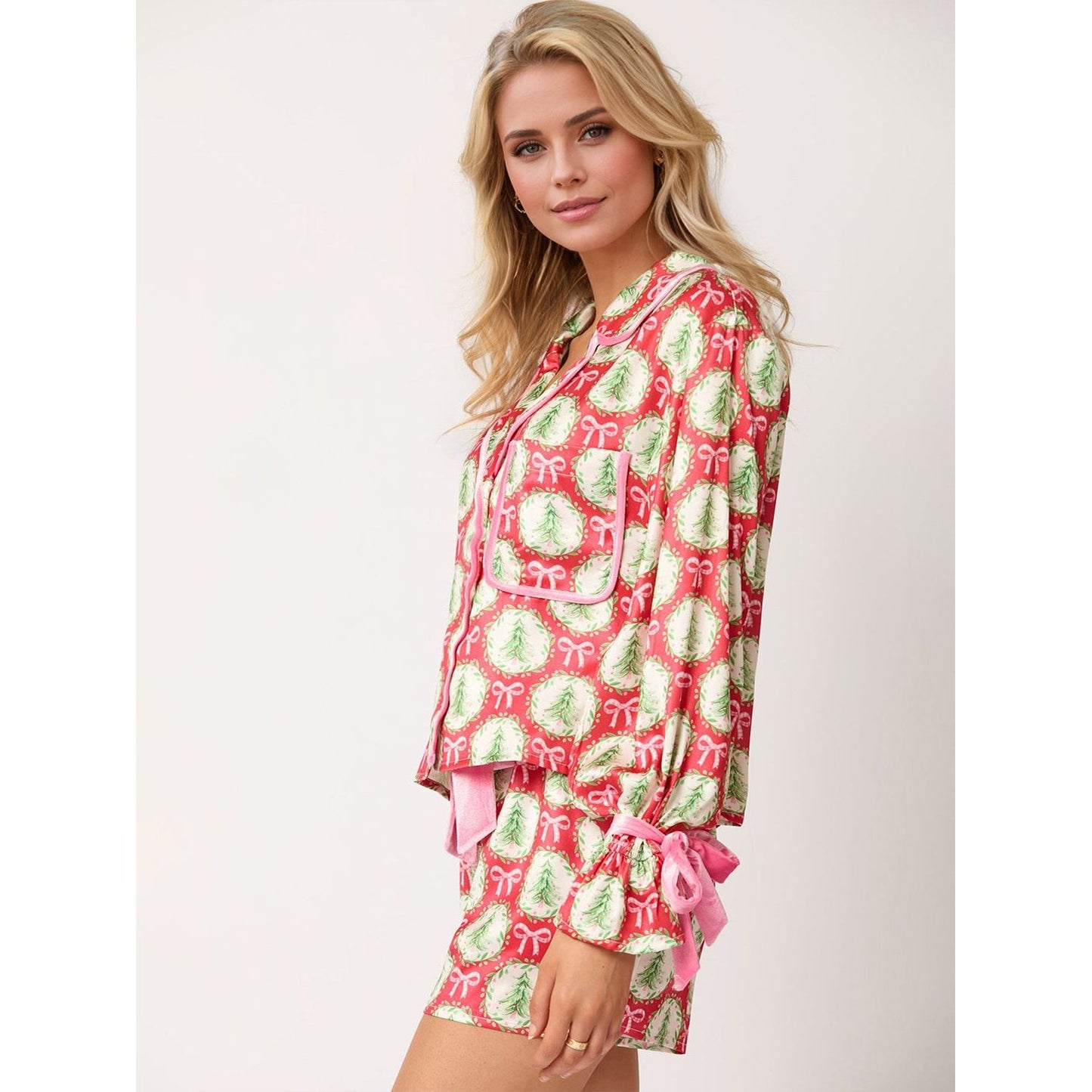 Tied Printed Collared Neck Long Sleeve Top and Shorts Set