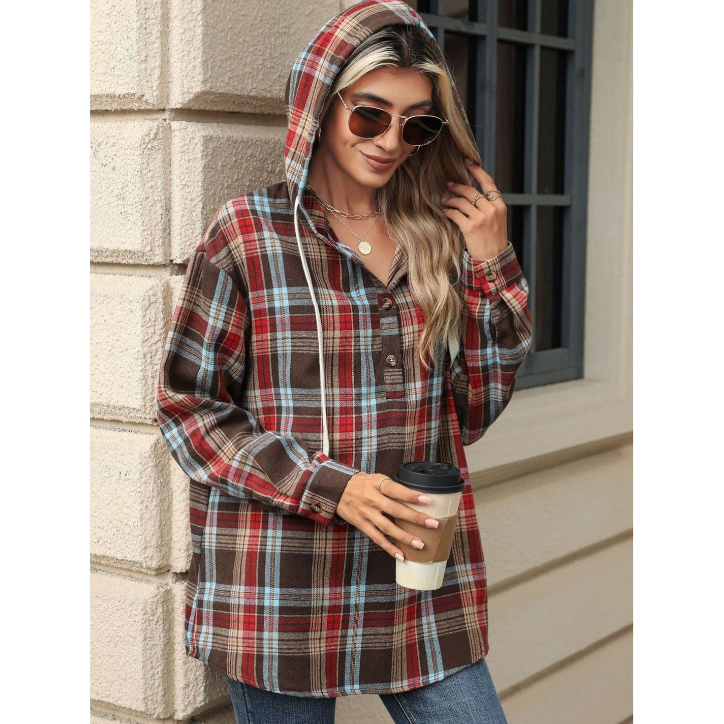 Drawstring Plaid Hooded Long Sleeve Top