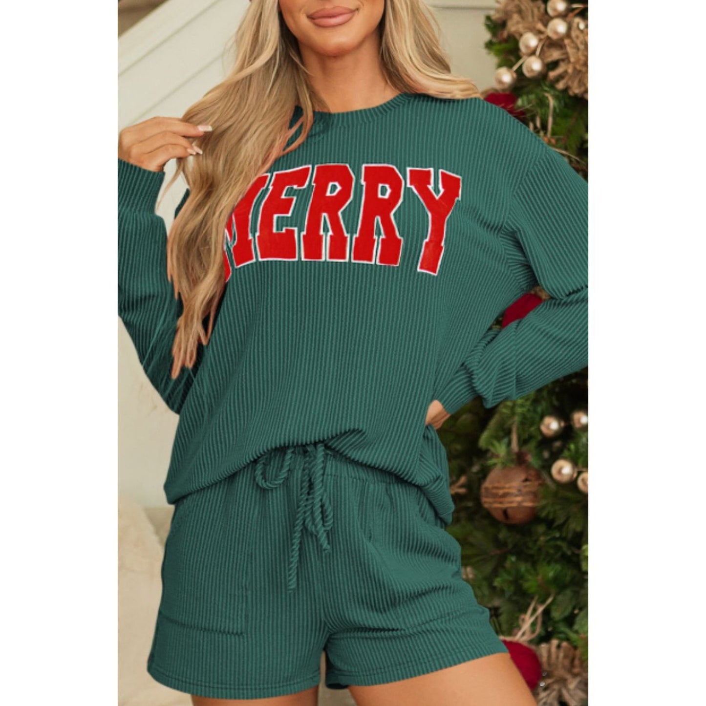 MERRY Round Neck Long Sleeve Top and Shorts Lounge Set