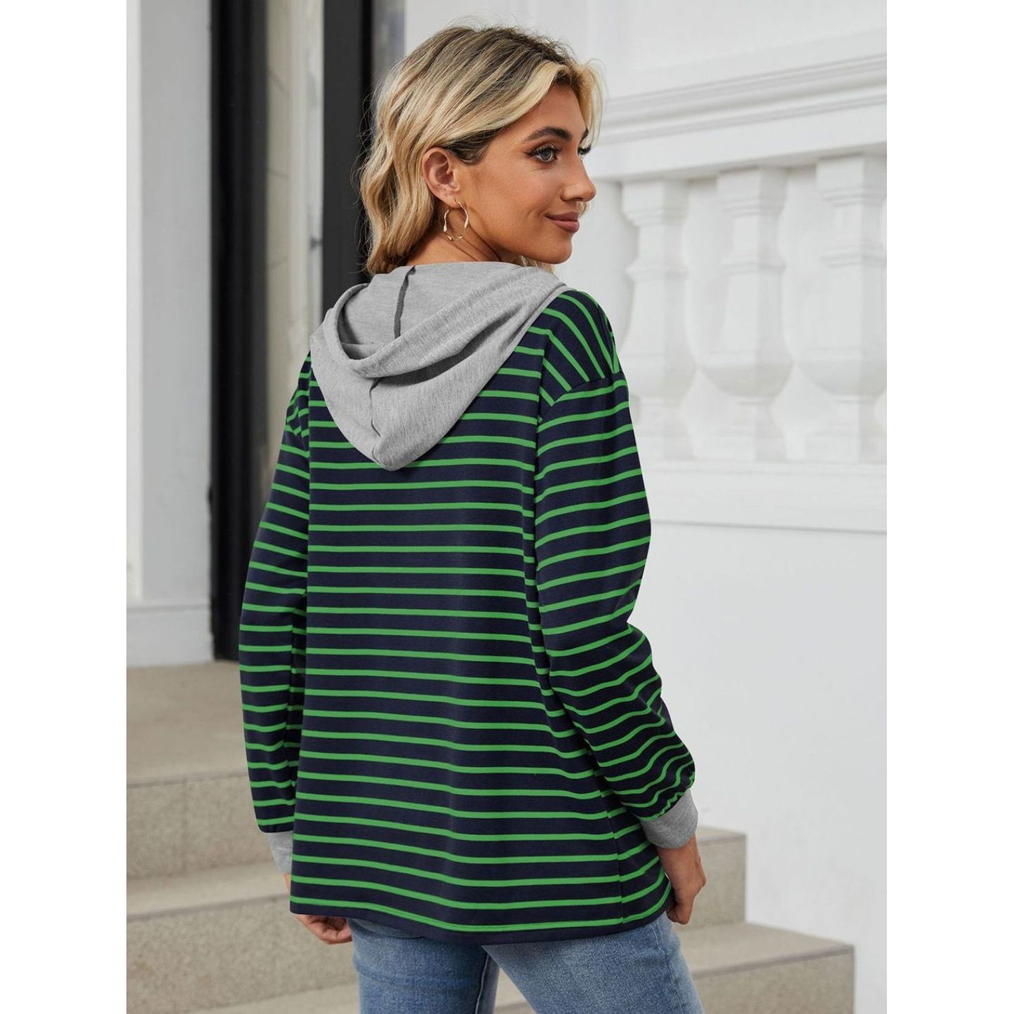 Drawstring Striped Long Sleeve Hoodie